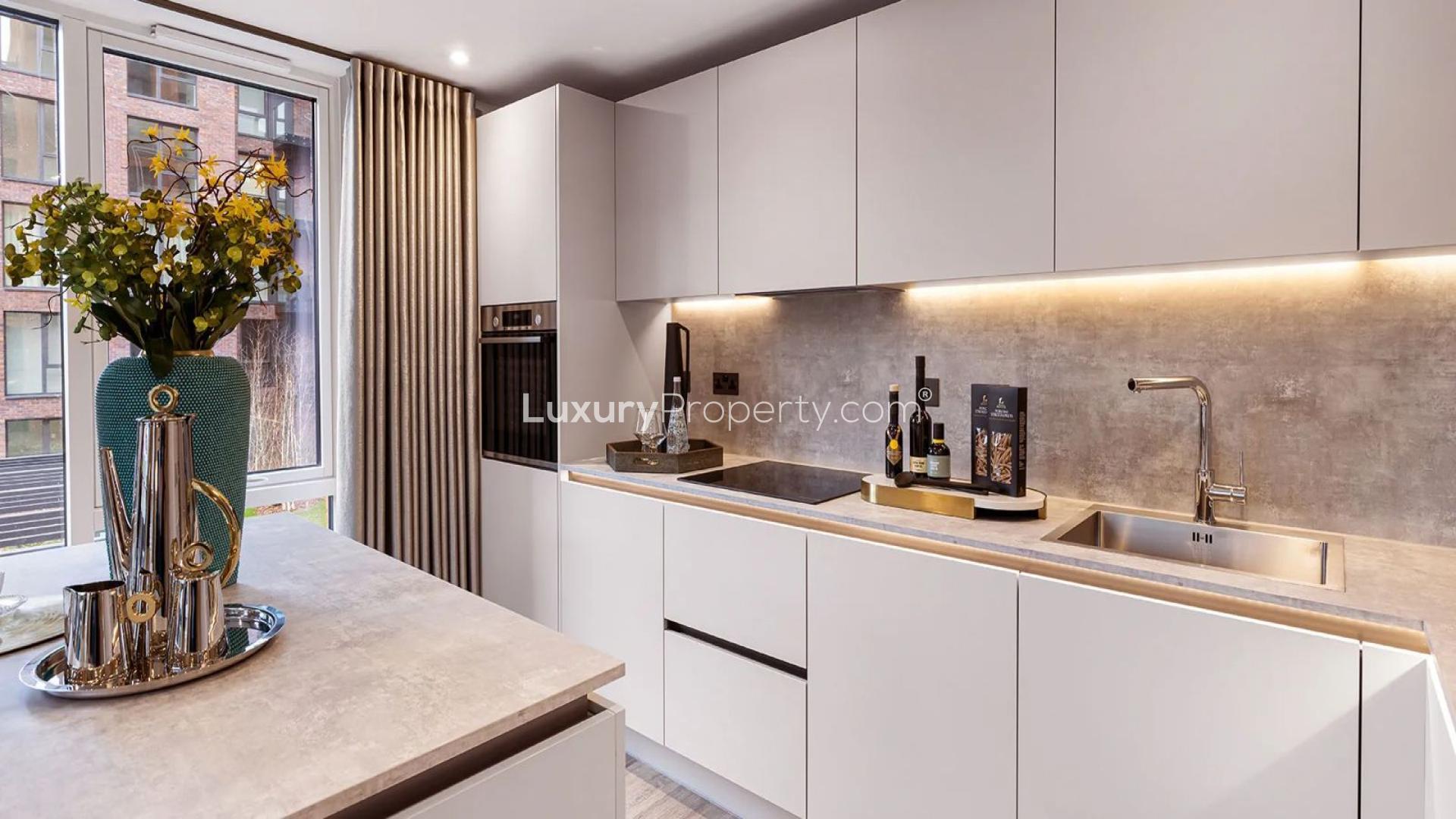 Luxurious living area in two-bedroom apartment, Snow Hill Wharf, Birmingham, with modern decor