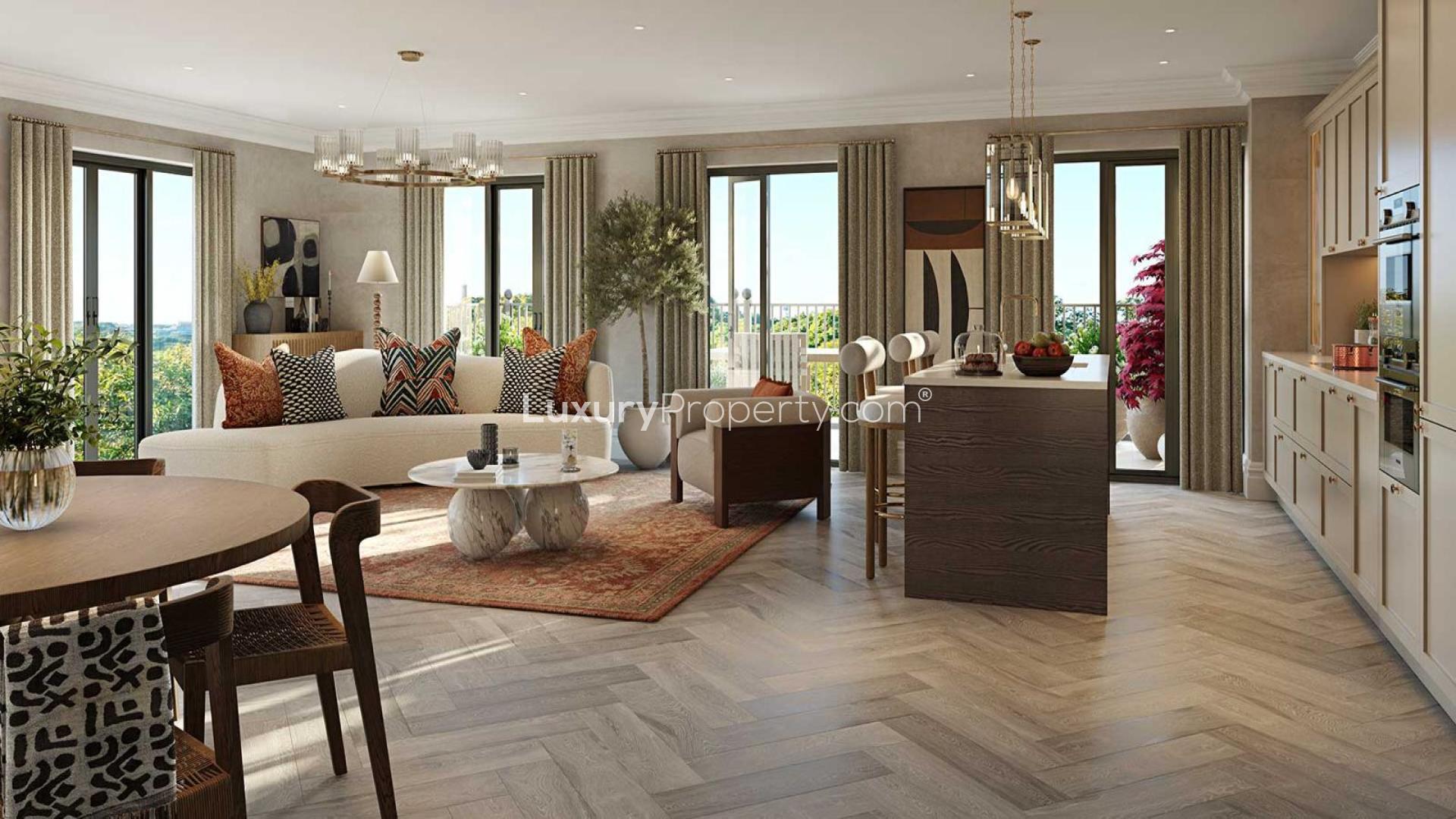 Luxurious living room in two-bed apartment, Sunningdale Park, London, with elegant furnishings