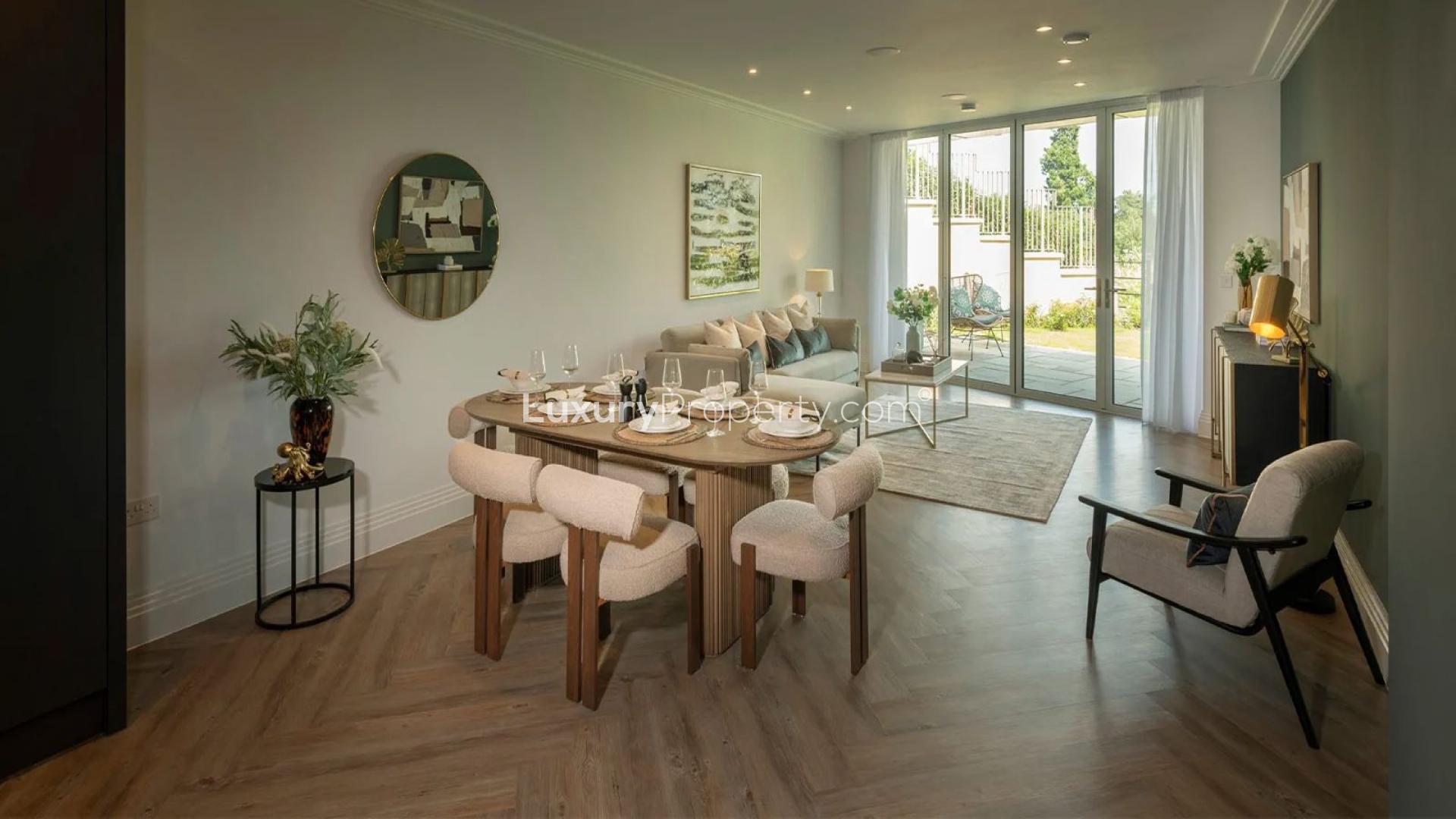 Modern kitchen with island and dining area in The Pavilion, Sunningdale apartment, London