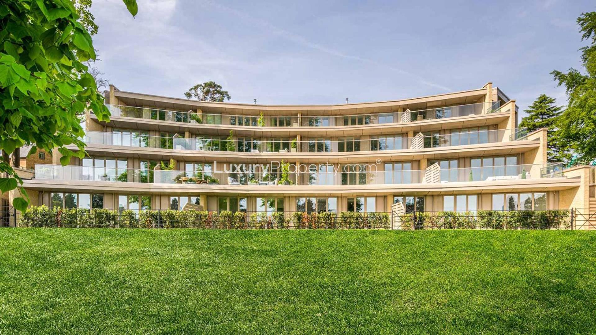 Modern living and dining area in The Pavilion apartment, Sunningdale Park, London
