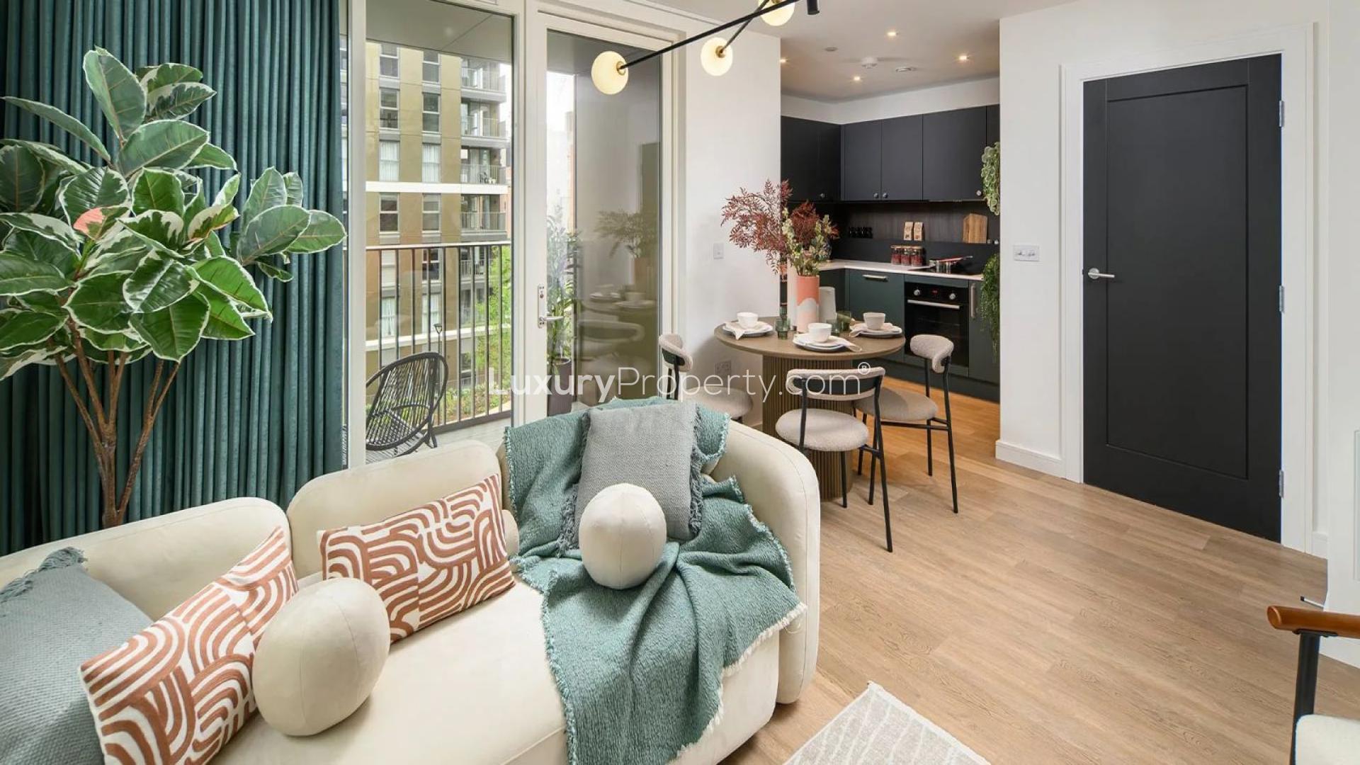 Two-bedroom apartment exterior with garden view in Eden Grove, London