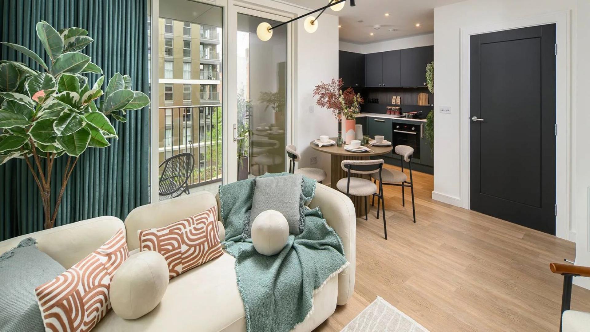 Two-bedroom apartment exterior with garden view in Eden Grove, London