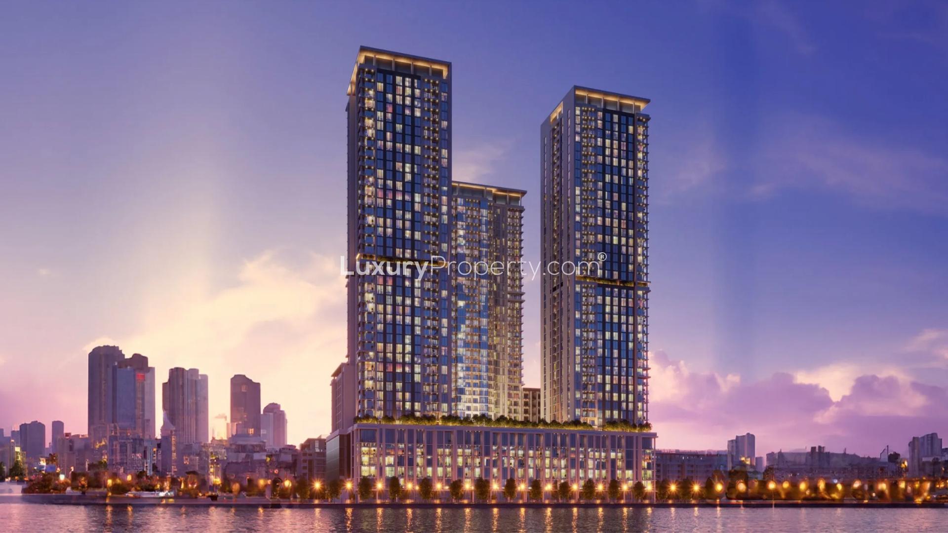 Modern Sobha Hartland apartment living room with city skyline view, Crest Grande Tower C