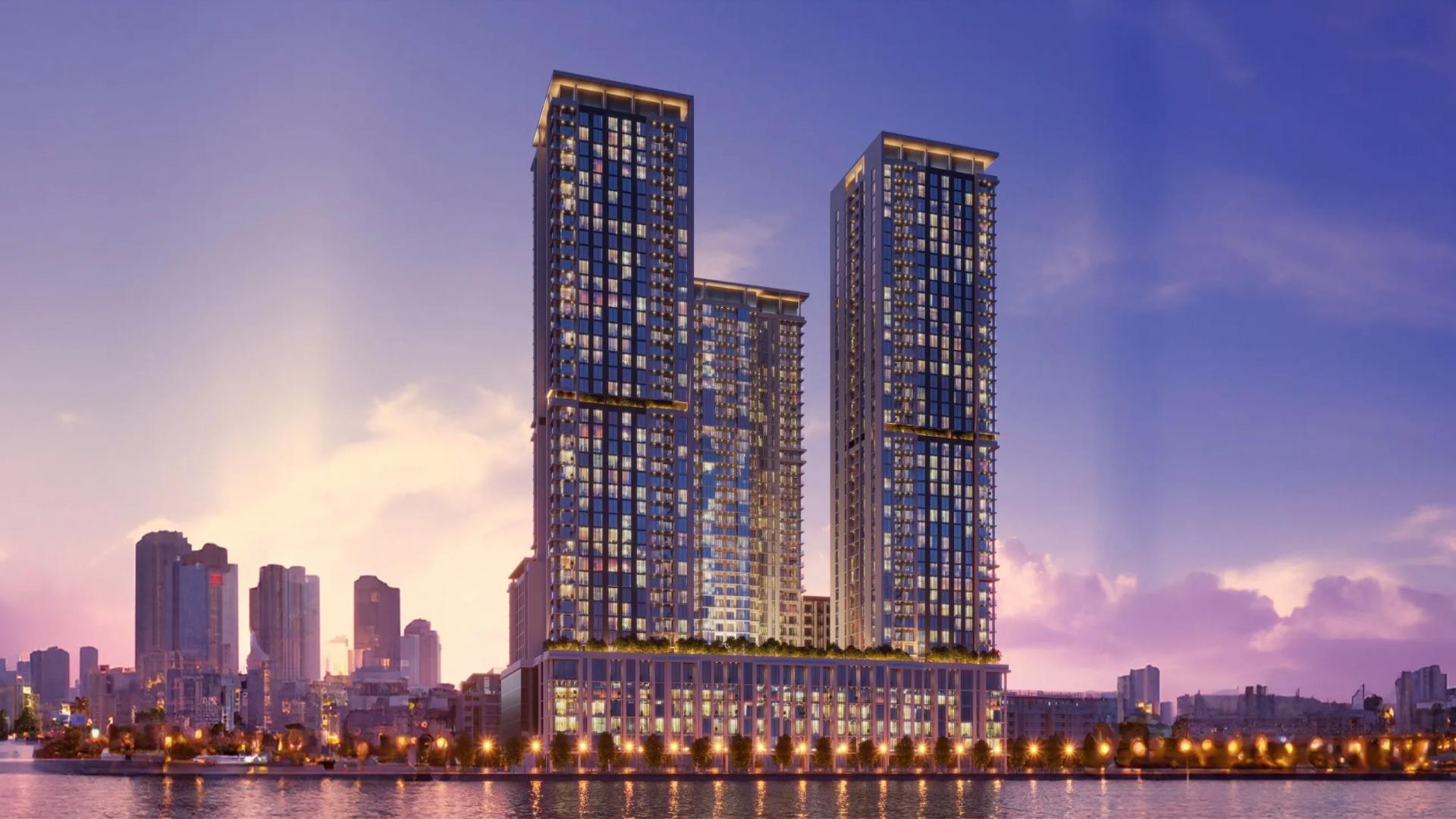 Modern Sobha Hartland apartment living room with city skyline view, Crest Grande Tower C