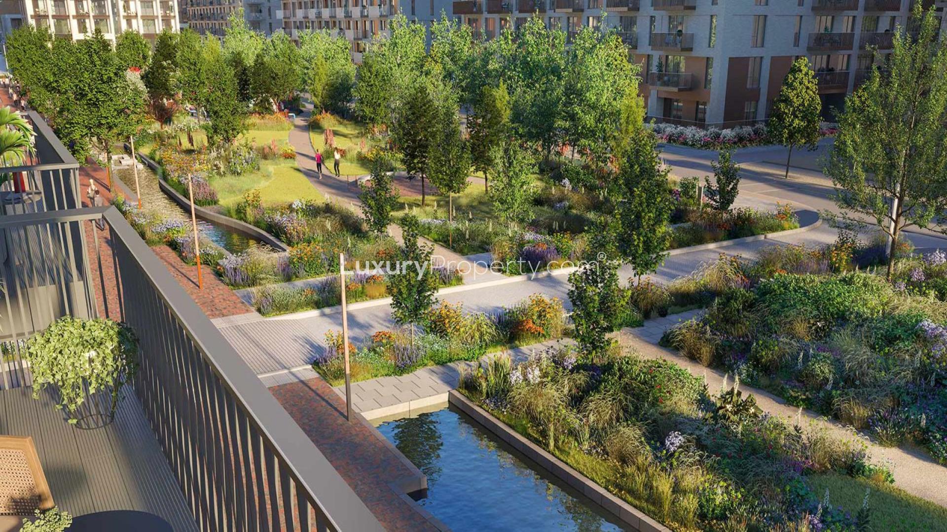 Modern living room in 2-bed flat, garden views, The Green Quarter, London apartment