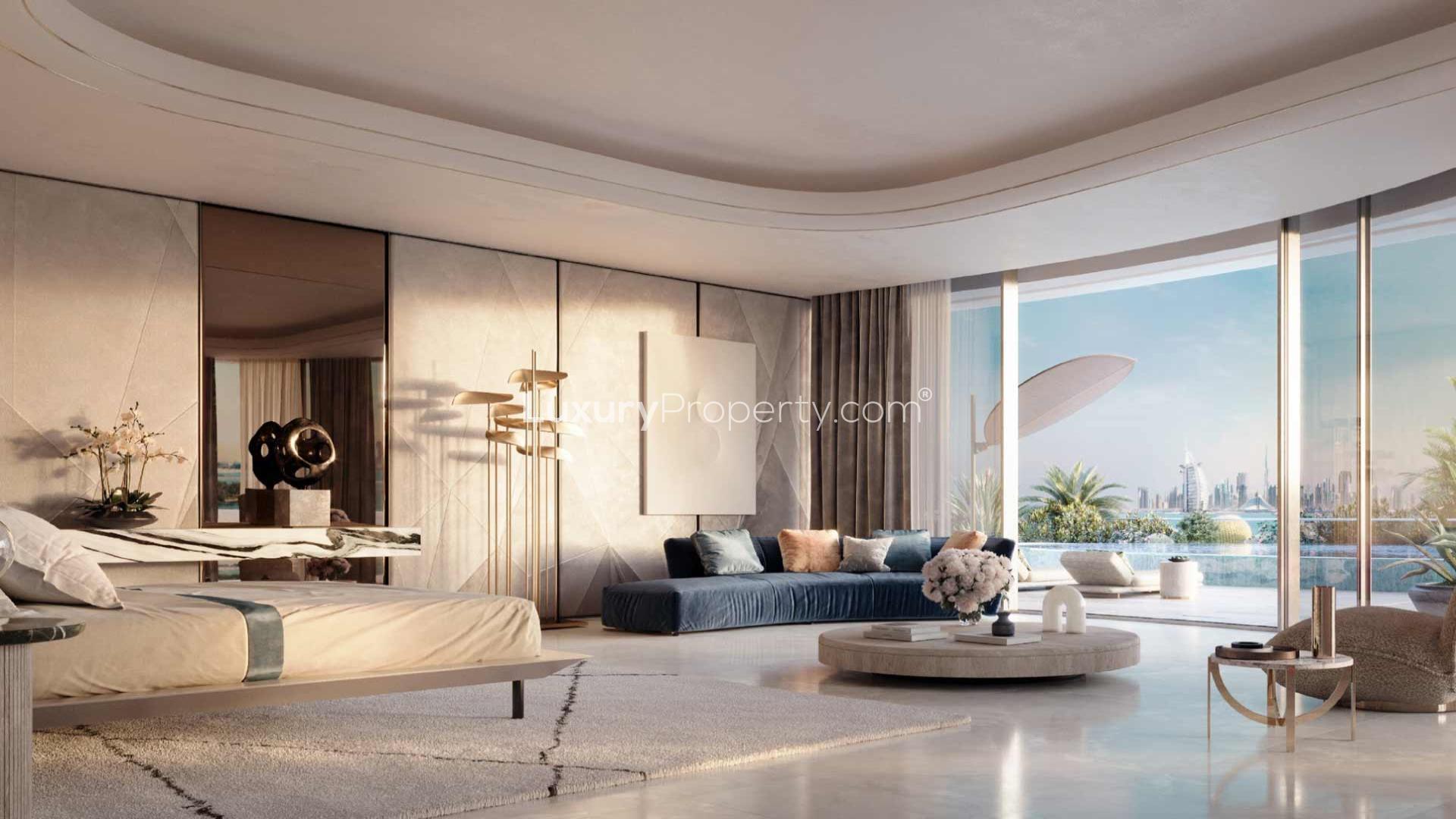 Luxury apartment balcony view in Como Residences, Palm Jumeirah, overlooking the sea