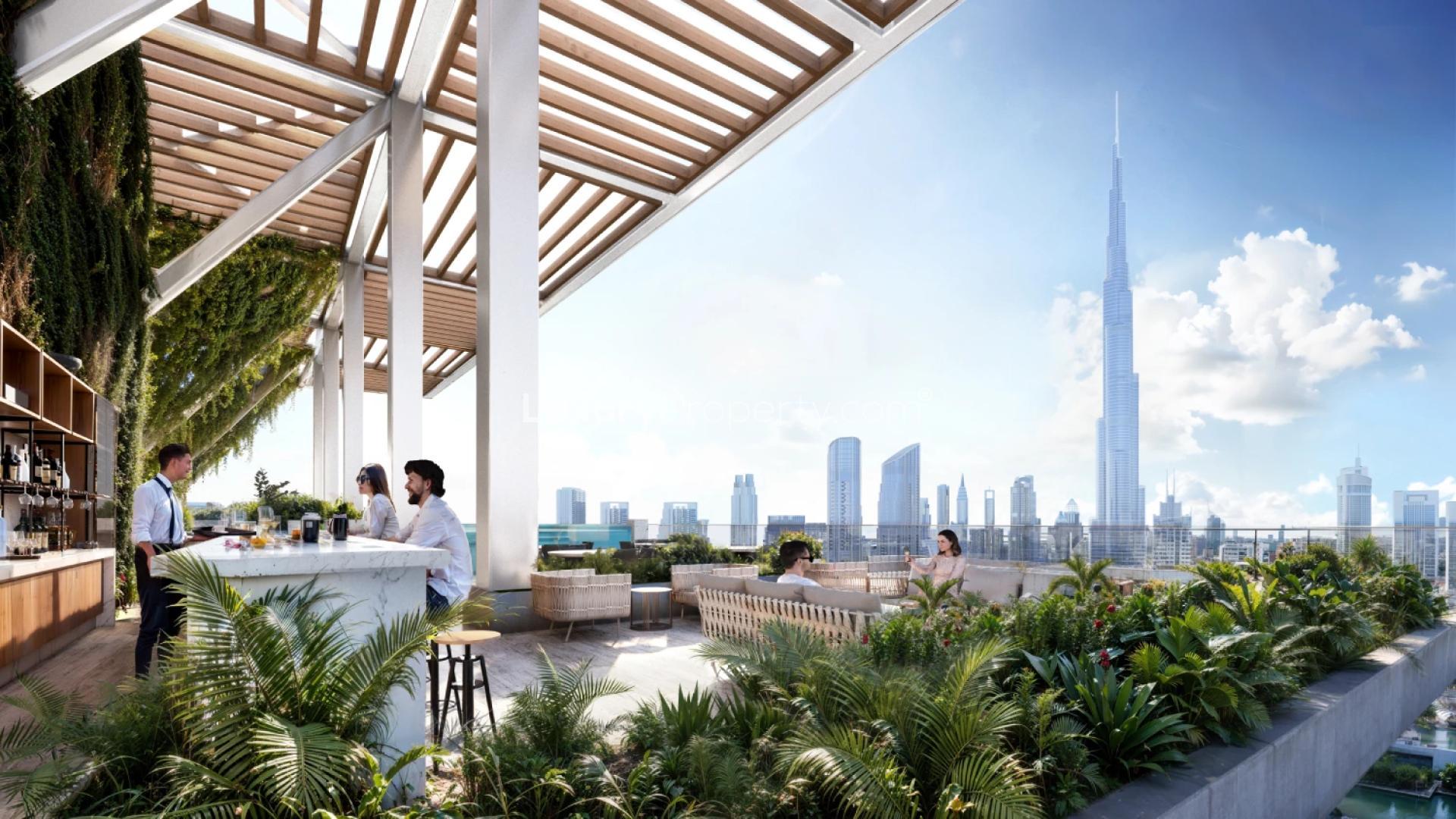 Luxurious lounge area in Fairmont Residences Solara Tower, Downtown Dubai, with cityscape views