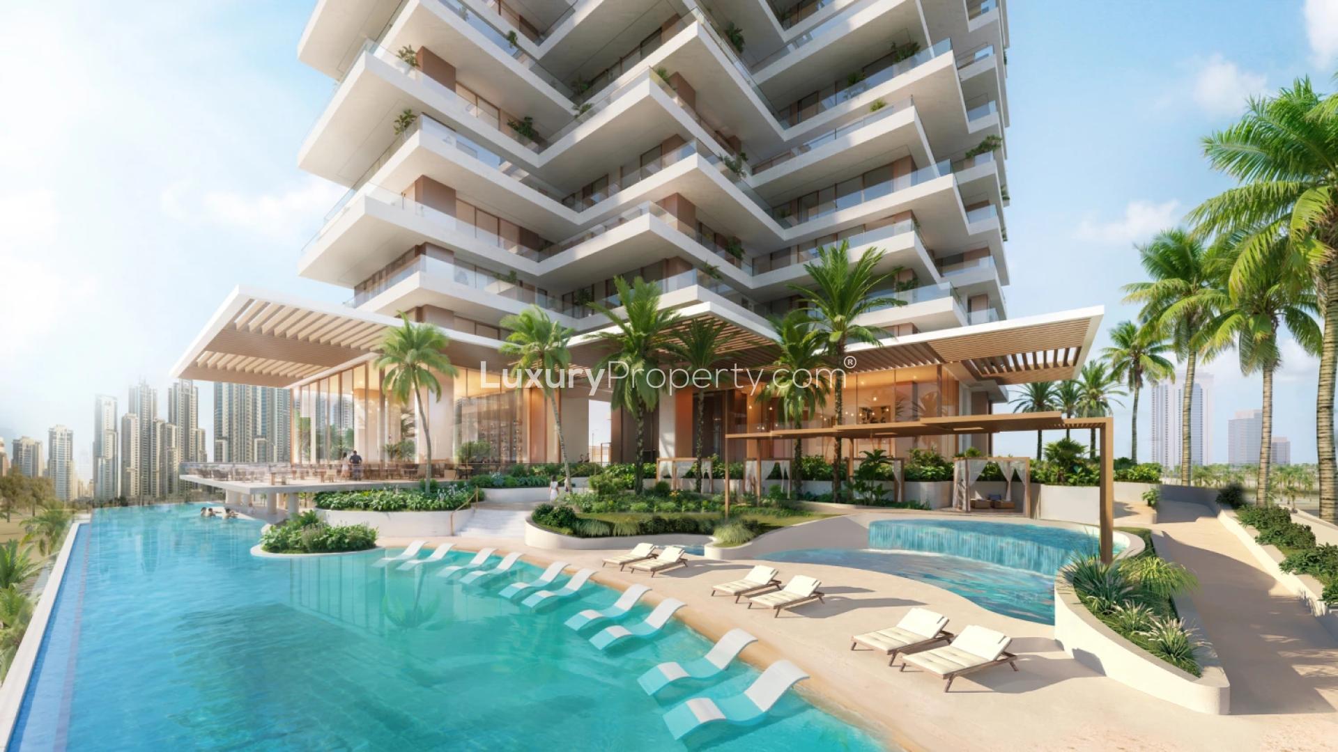 Luxurious rooftop terrace with pools at Fairmont Residences Solara Tower, Downtown Dubai apartment