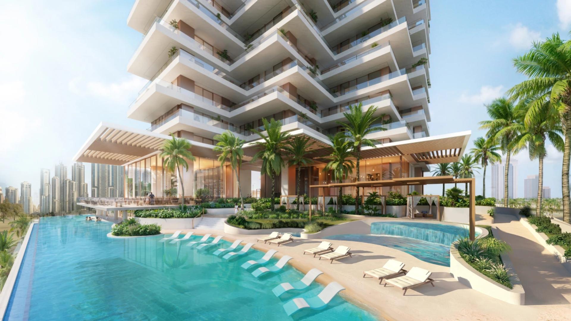 Luxurious rooftop terrace with pools at Fairmont Residences Solara Tower, Downtown Dubai apartment