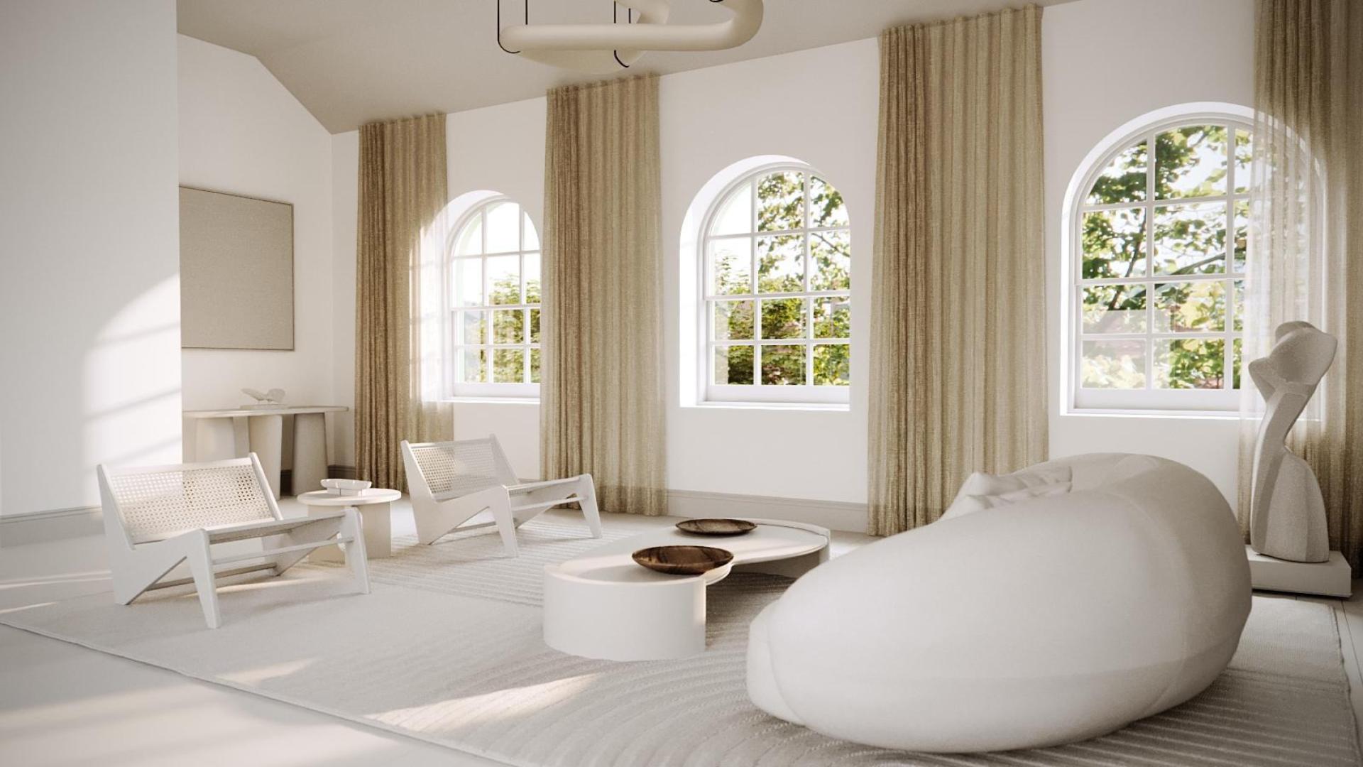 Modern living room in Oakmere Place apartment, West London, with elegant furnishings and large windows