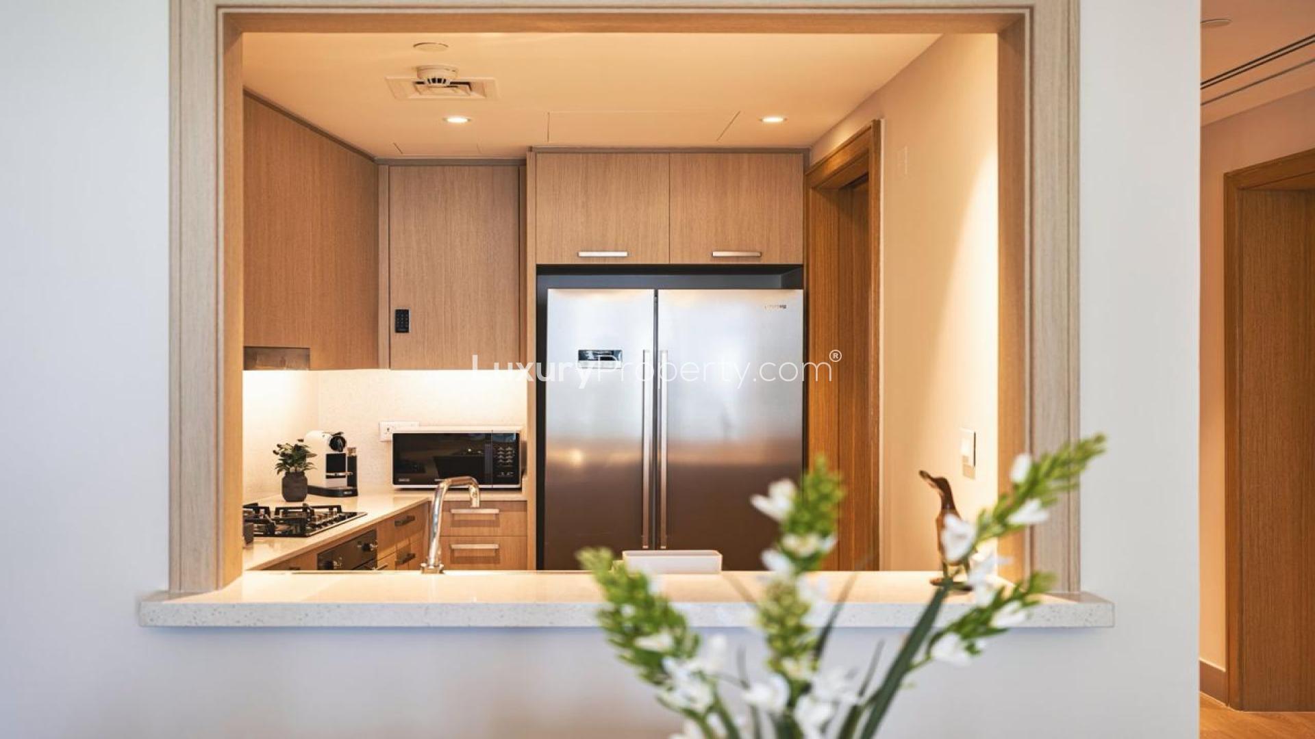 Modern living room in Opera Grand apartment, Downtown Dubai, featuring elegant decor and city views