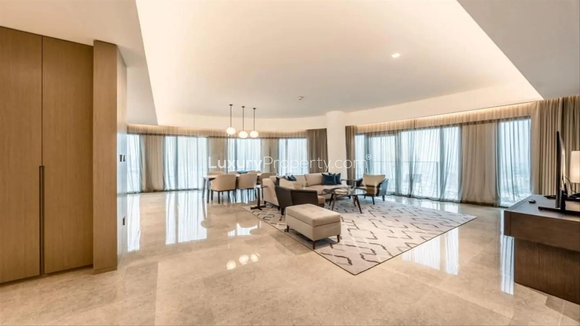 Modern open-plan living area in Dubai Creek Harbour apartment, Address Harbour Point Tower 1
