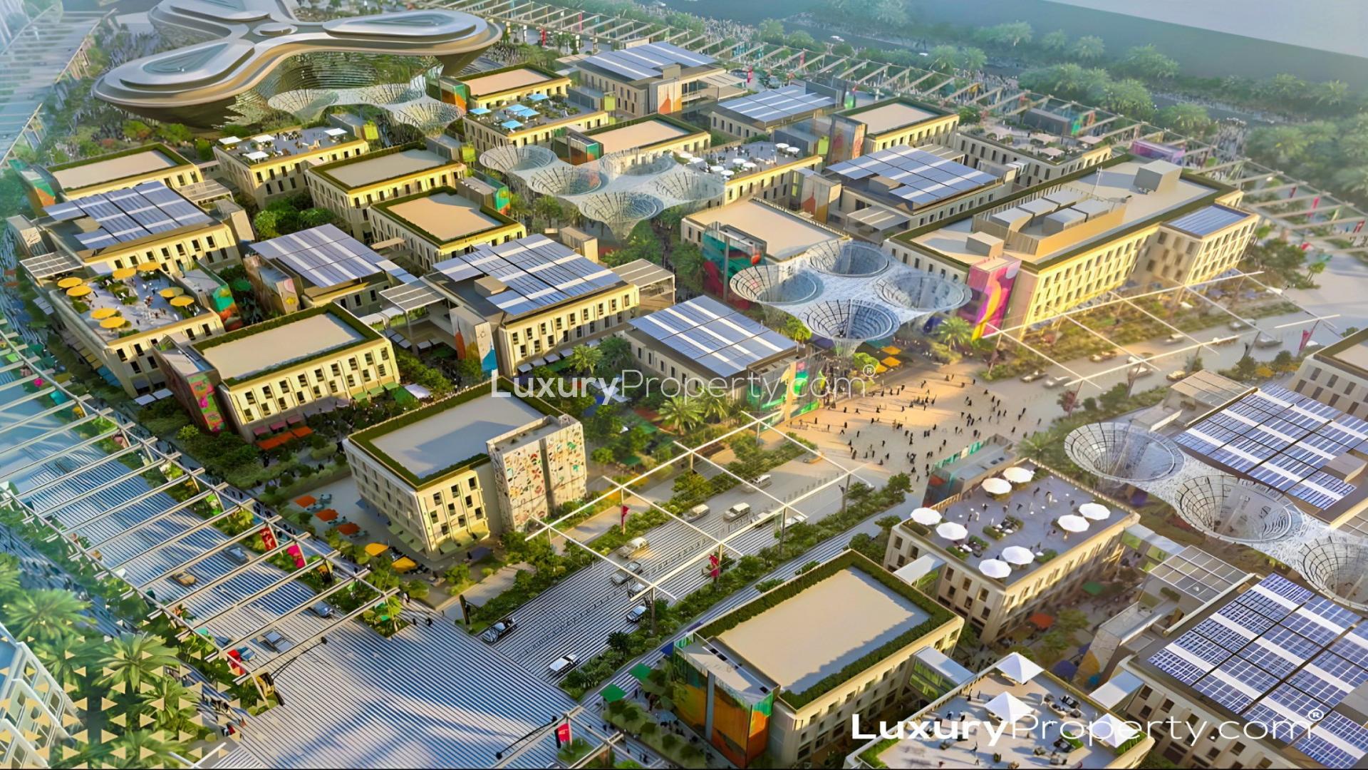 Aerial view of Al Waha Residences, Expo City, showcasing modern apartment architecture and design