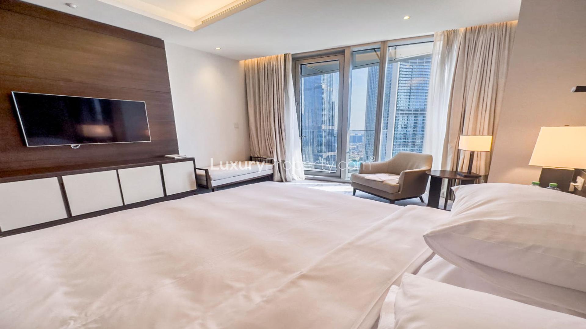 Luxurious bedroom in Address Sky View apartment with stunning Burj Khalifa view, Downtown Dubai