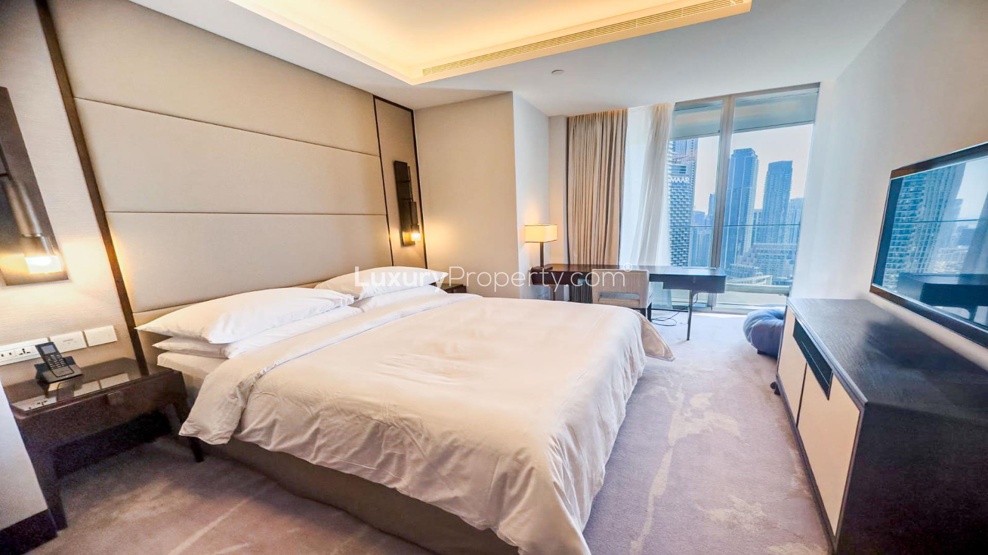 High-floor apartment view of Burj Khalifa and fountains from Address Sky View, Downtown Dubai
