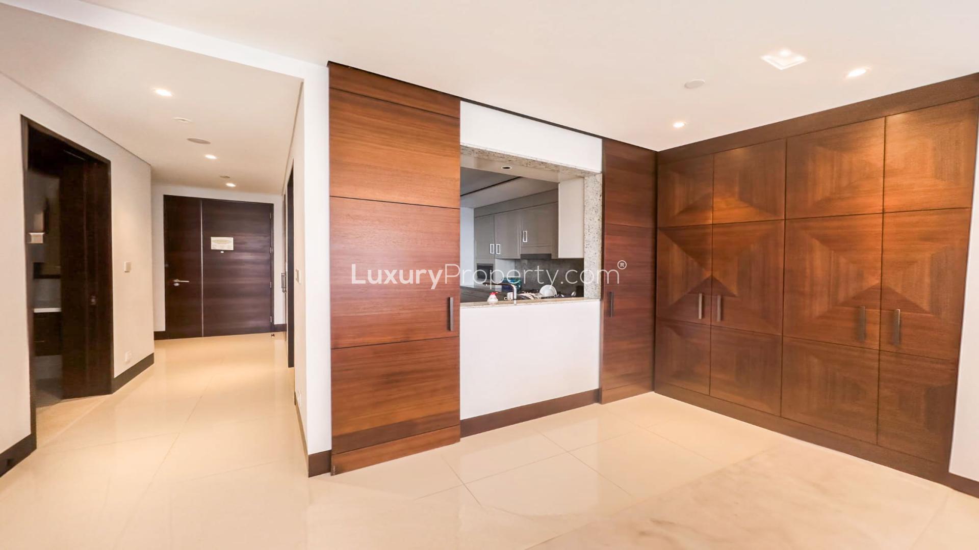 High-floor apartment view of Burj Khalifa and fountains from Address Sky View, Downtown Dubai