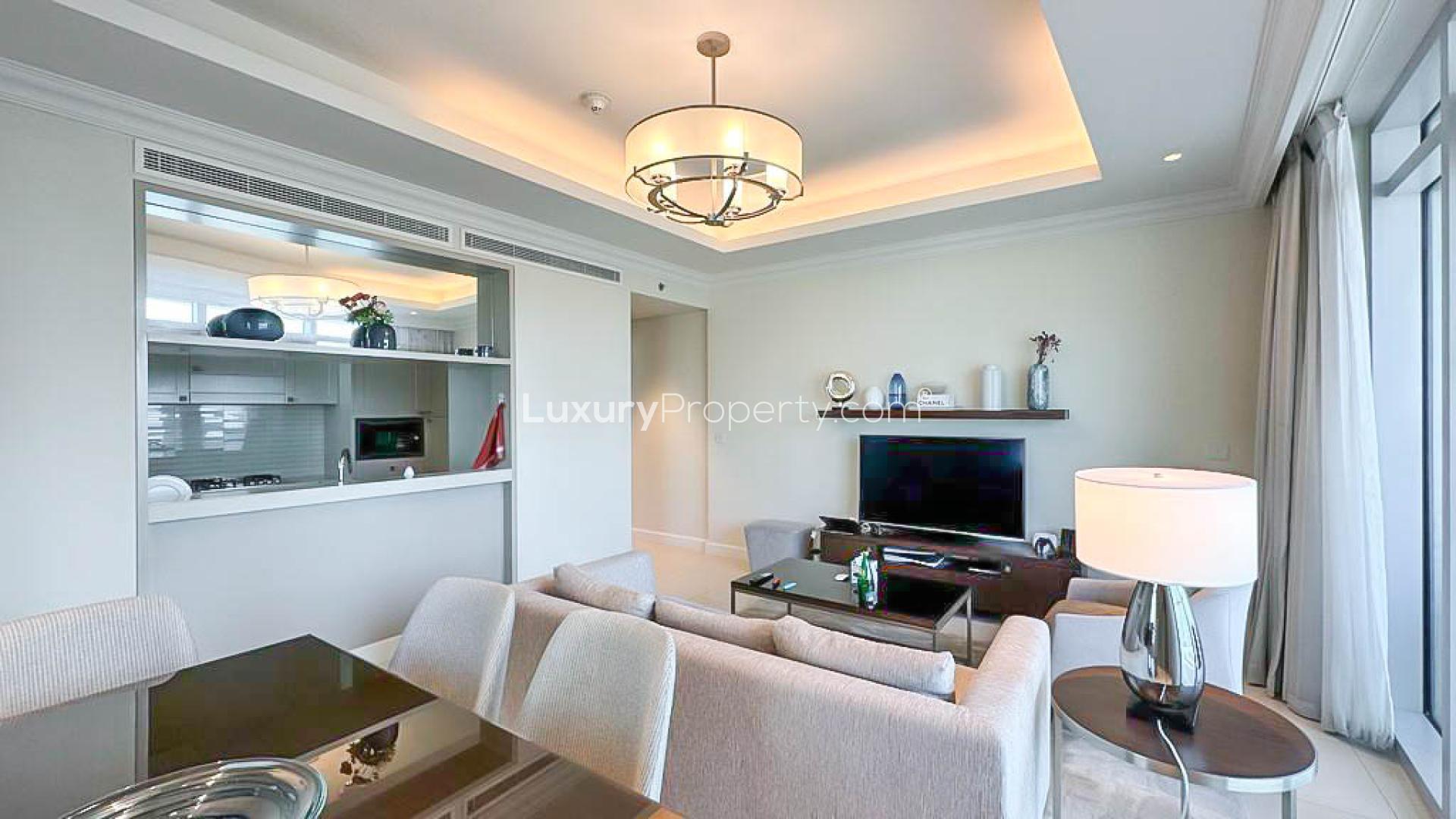 Modern bedroom in Address Fountain View 1 apartment, Downtown Dubai, with balcony view