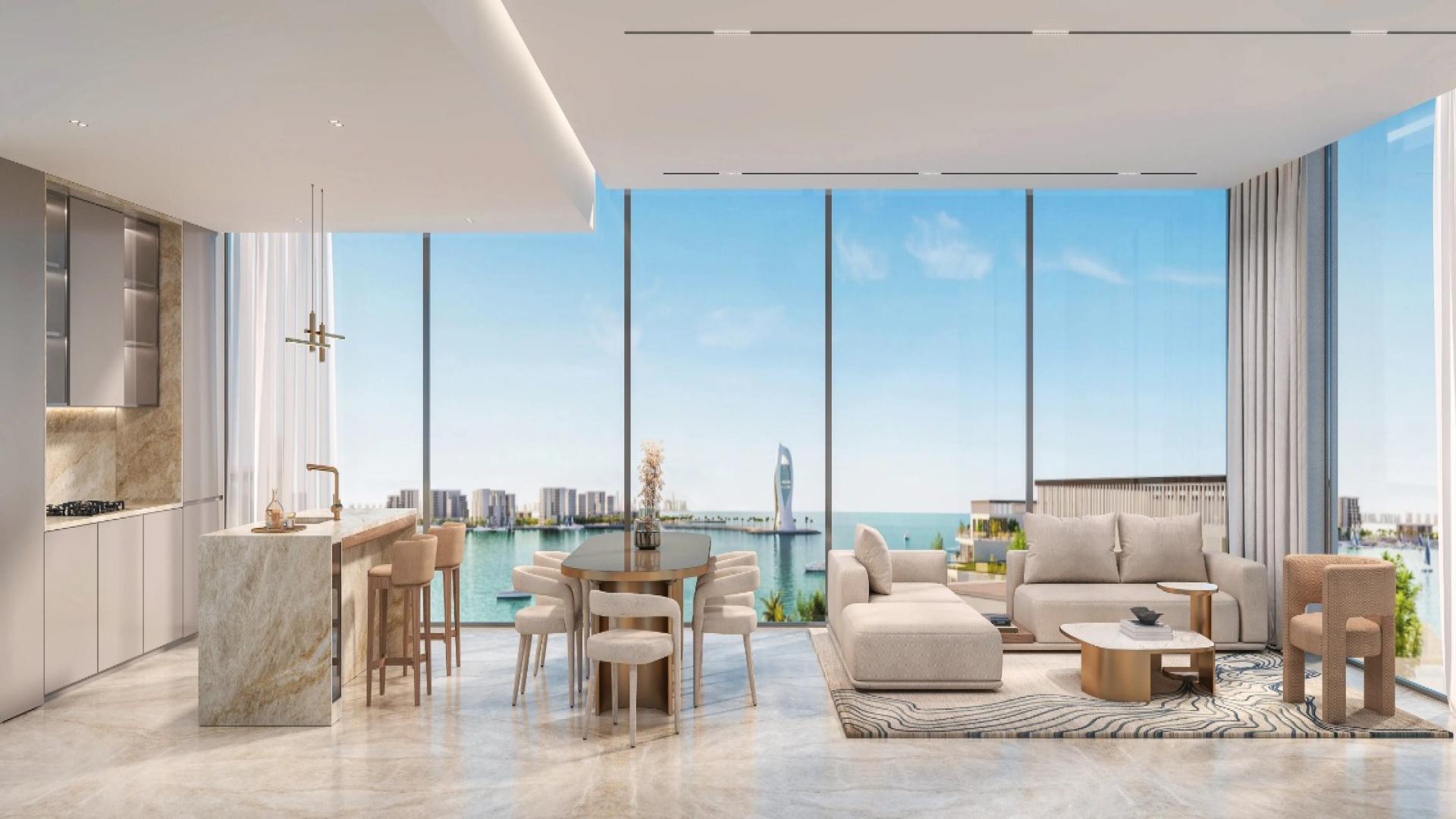 Luxurious Doha apartment with stunning sea view, palm trees, and modern architecture at sunset