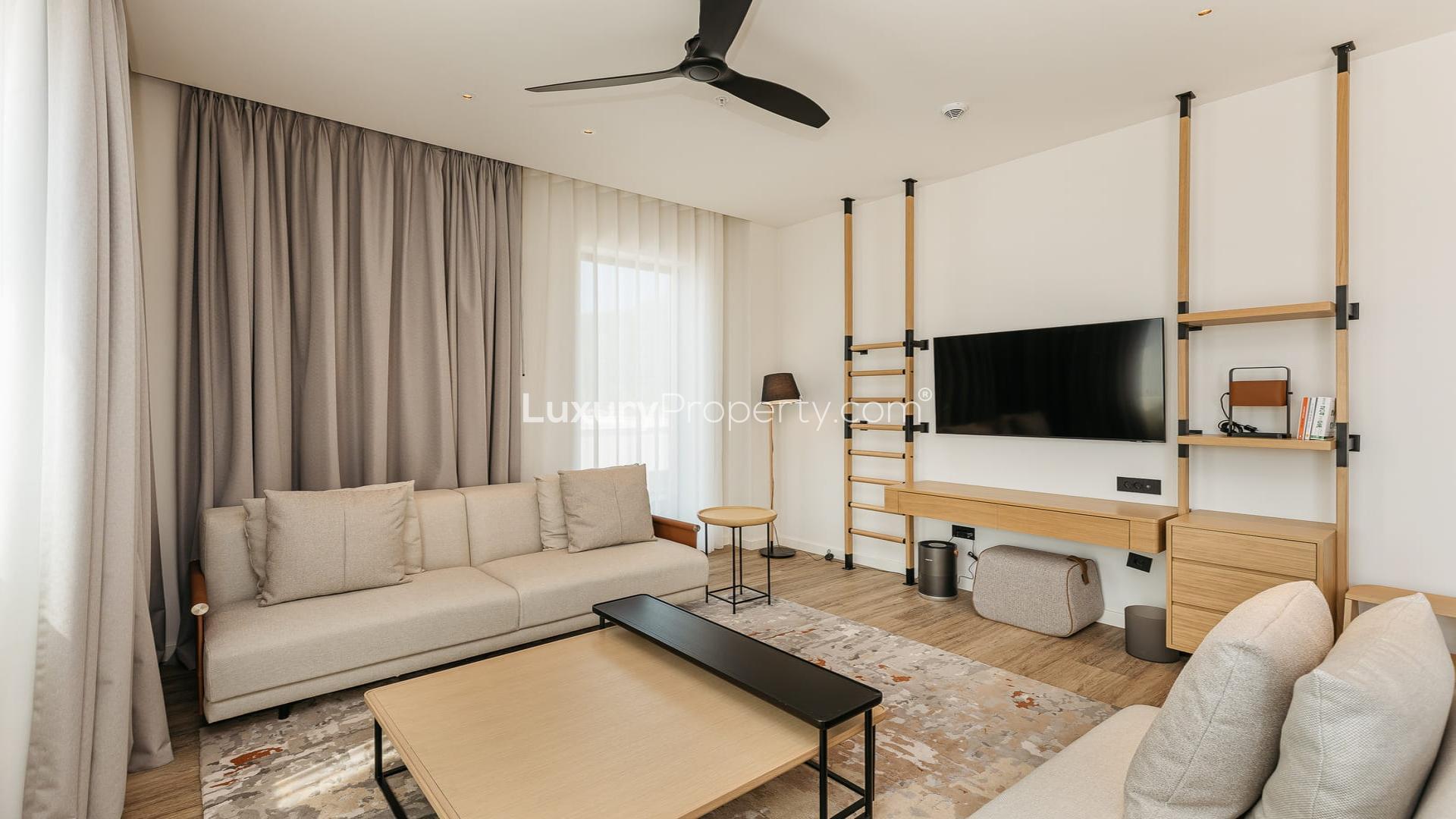 Modern living room in 3-bedroom penthouse at Boka Place, Porto Montenegro for sale