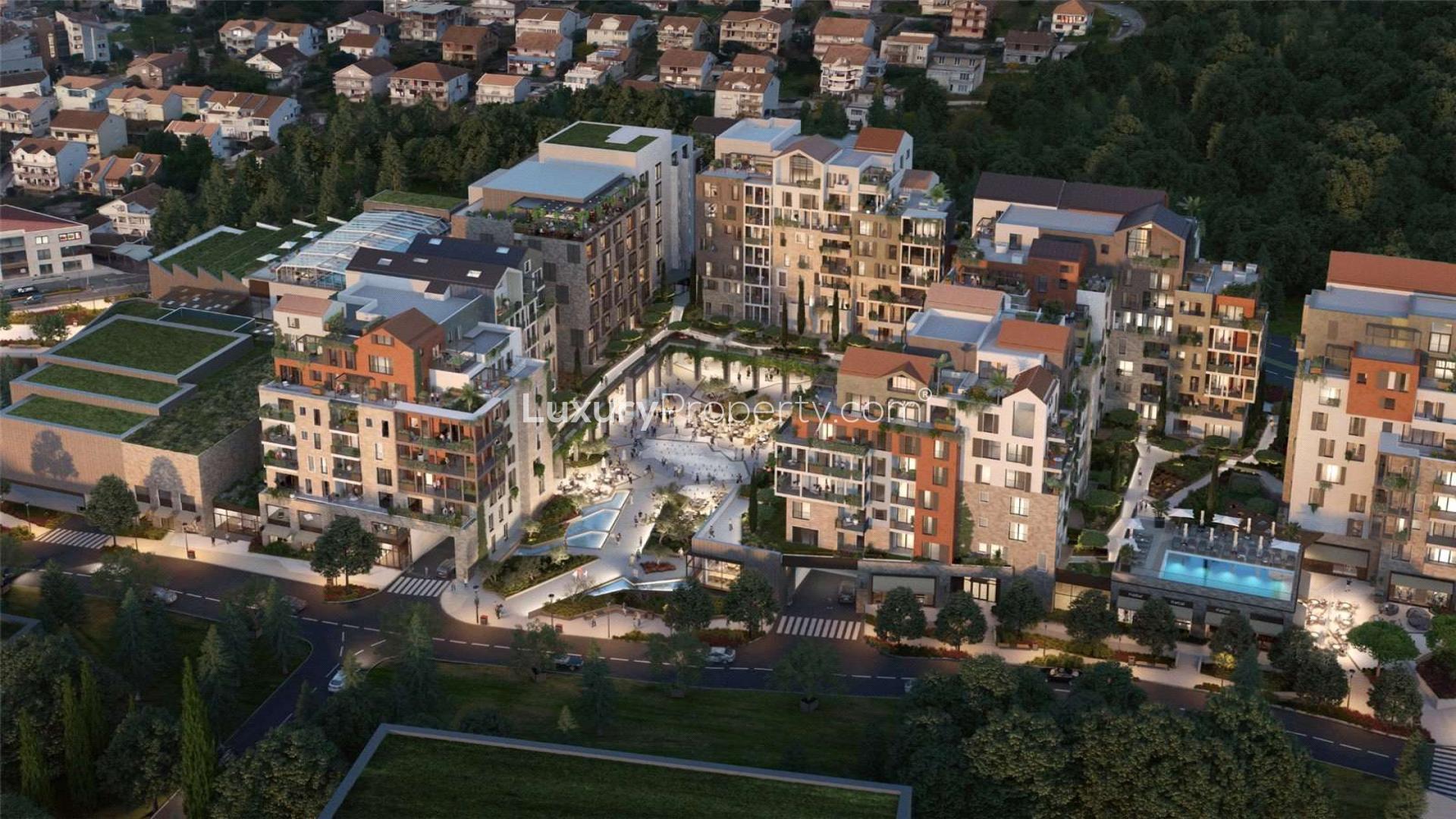 Modern living room of Mistral Apartment, Porto Montenegro, with garden view and stylish decor