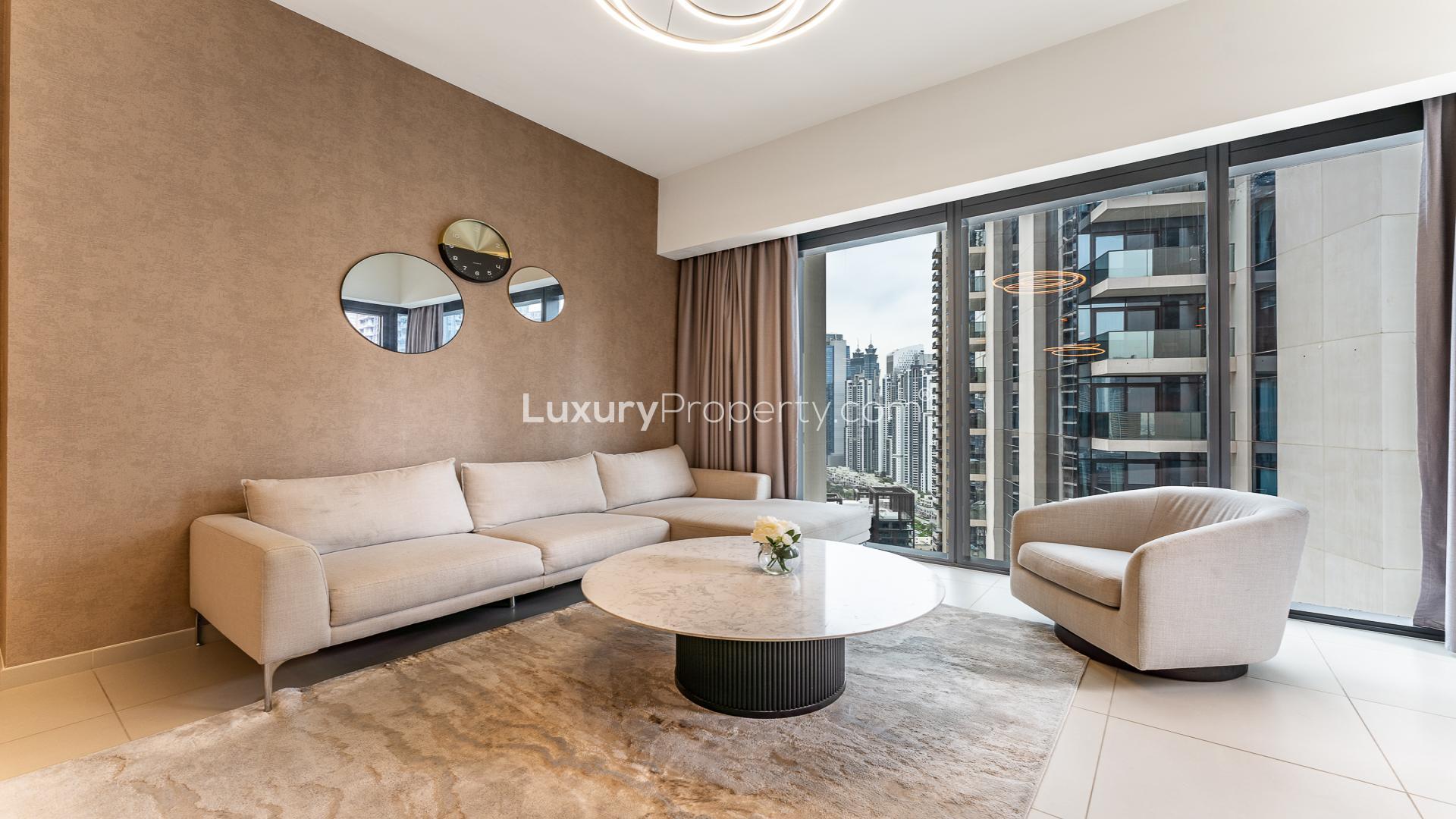 Modern furnished living room in high-floor two-bedroom apartment, Act Towers, Downtown Dubai