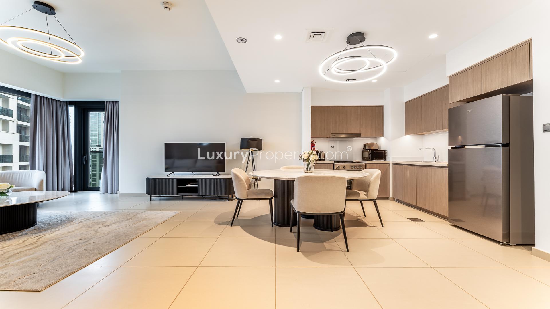 High-floor apartment living room with modern furnishings, Downtown Dubai, Act Towers