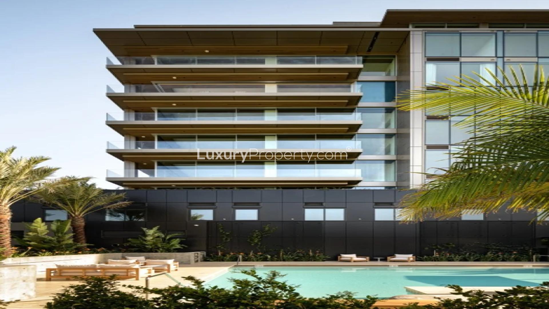 Luxurious West Hollywood apartment living room with spacious open terrace, modern furniture