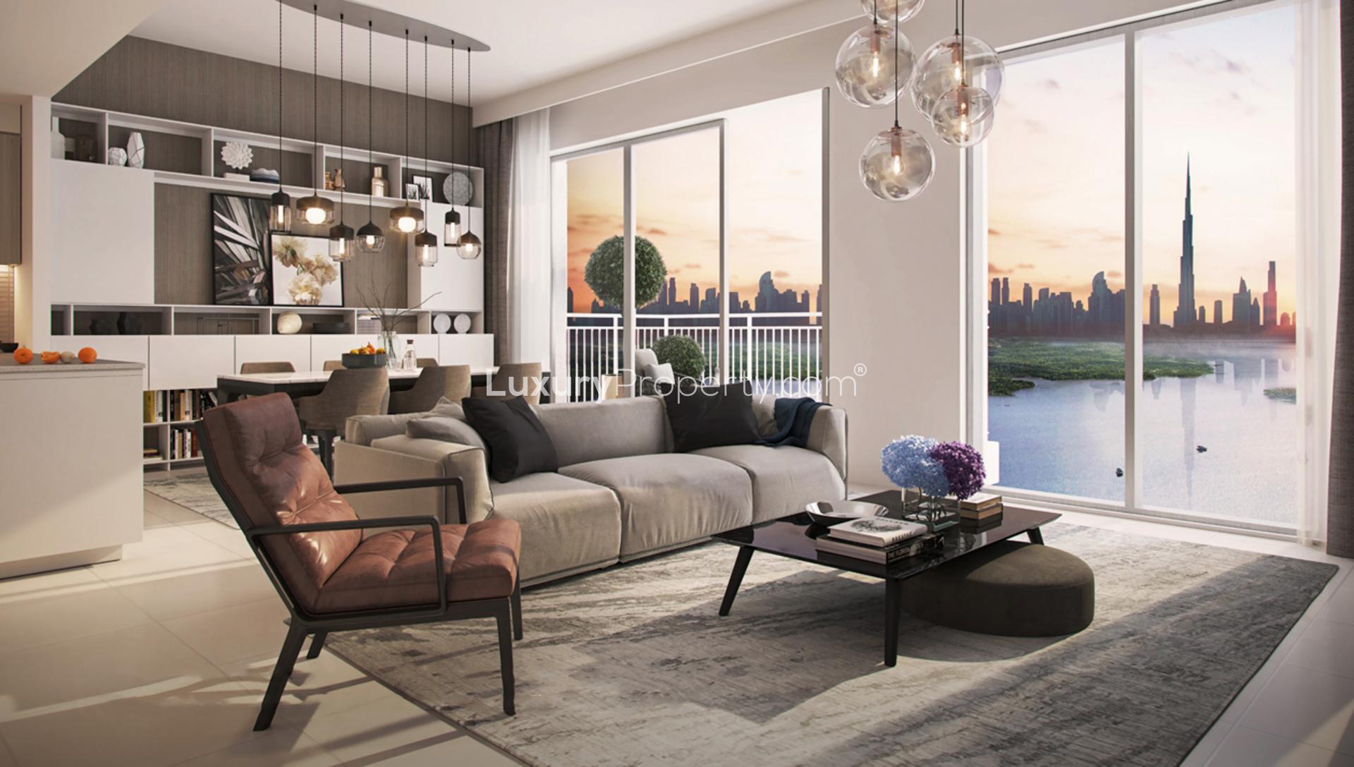 Luxury bedroom with Dubai skyline view at 17 Icon Bay, Dubai Creek Harbour