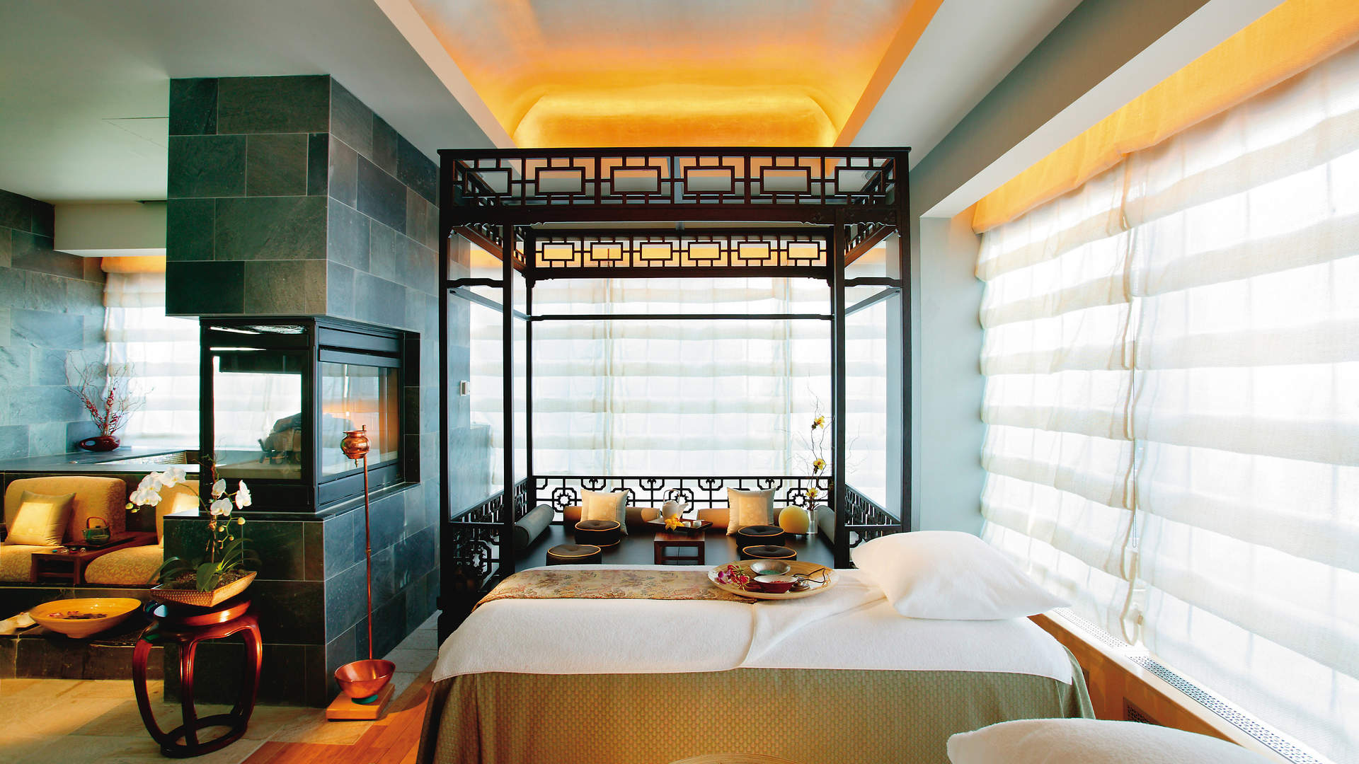 Luxurious Manhattan apartment interior with modern seating and city skyline view