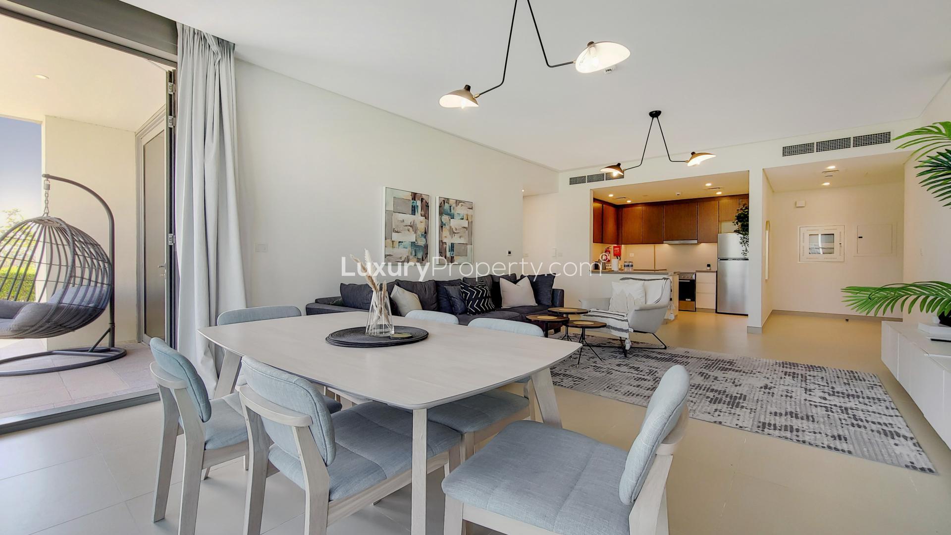 Luxury furnished living room in 2-bedroom apartment, Dubai Marina's 52/42 Tower