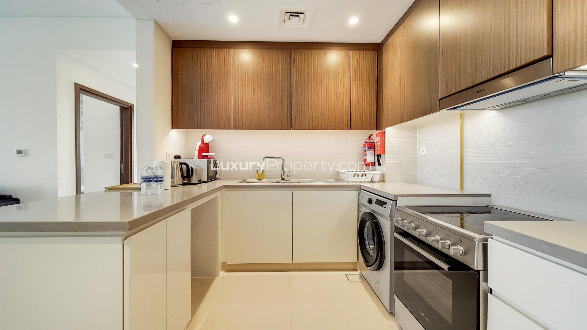 Luxury furnished living room in 2-bedroom apartment, 52/42 Tower, Dubai Marina, modern decor
