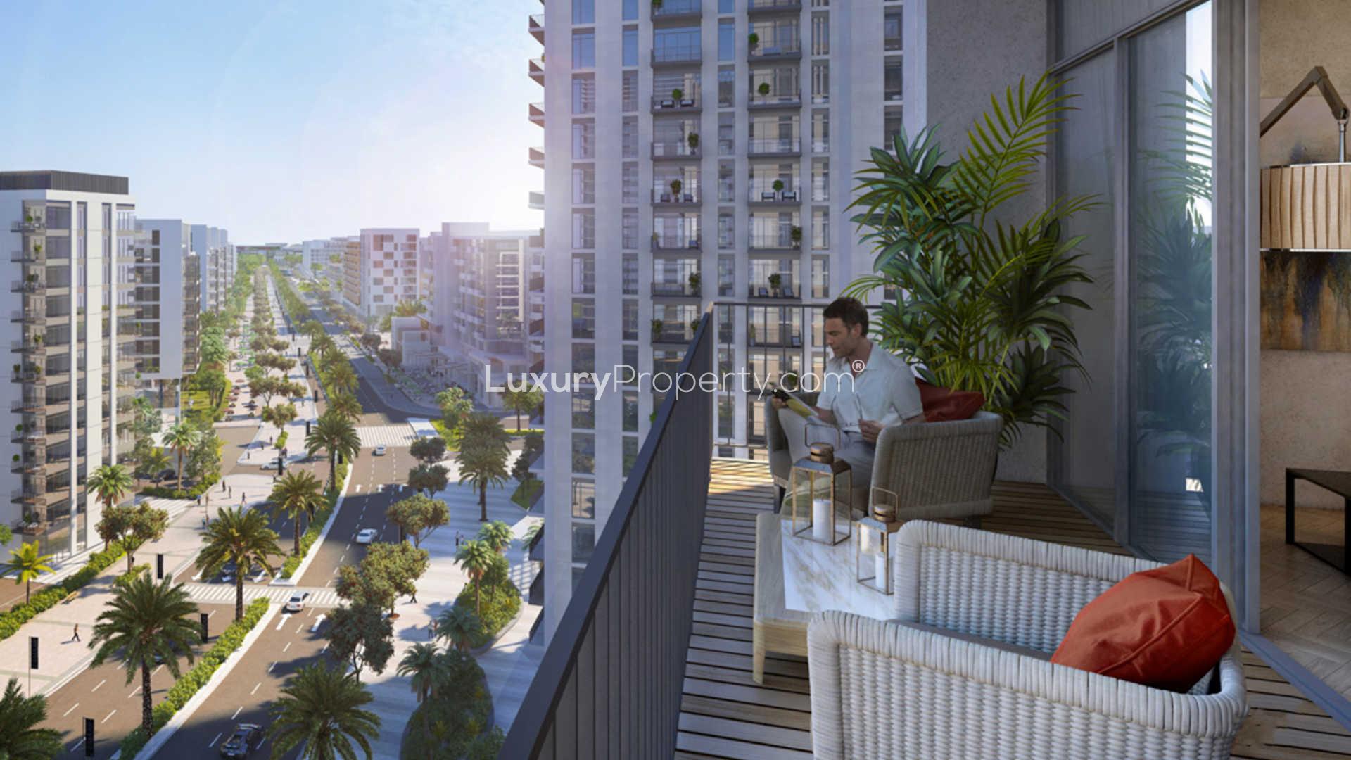 Modern living room and kitchen in Dubai Hills Estate apartment, Park Heights