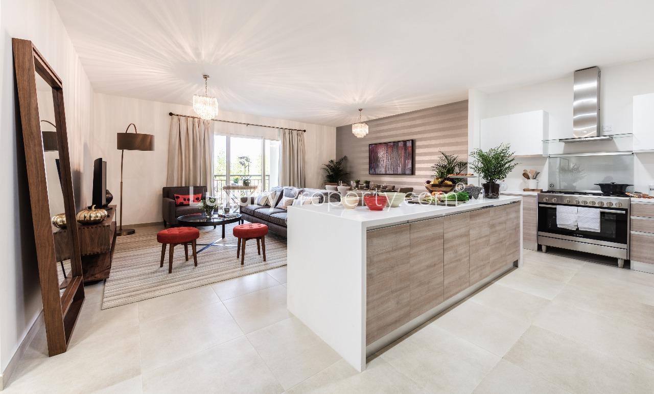 Modern living room in 2-bedroom apartment, Al Andalus Tower D, JGE, open kitchen layout