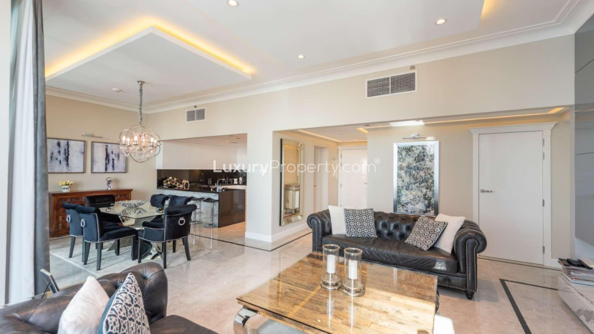 Modern living room in fully renovated beachfront apartment, Jumeirah Beach Residence, Al Bateen Residences