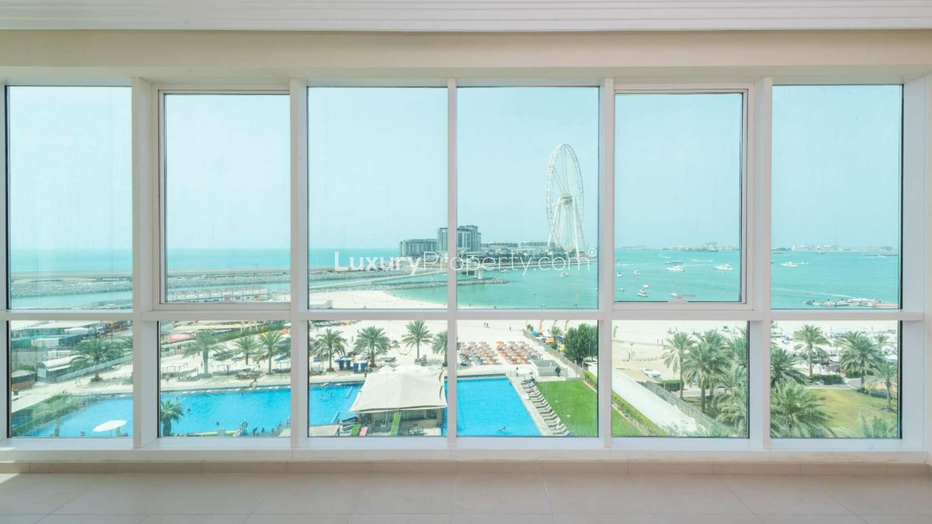 Ain Dubai view from Al Bateen Residences apartment, Jumeirah Beach Residence, pool and beach scene