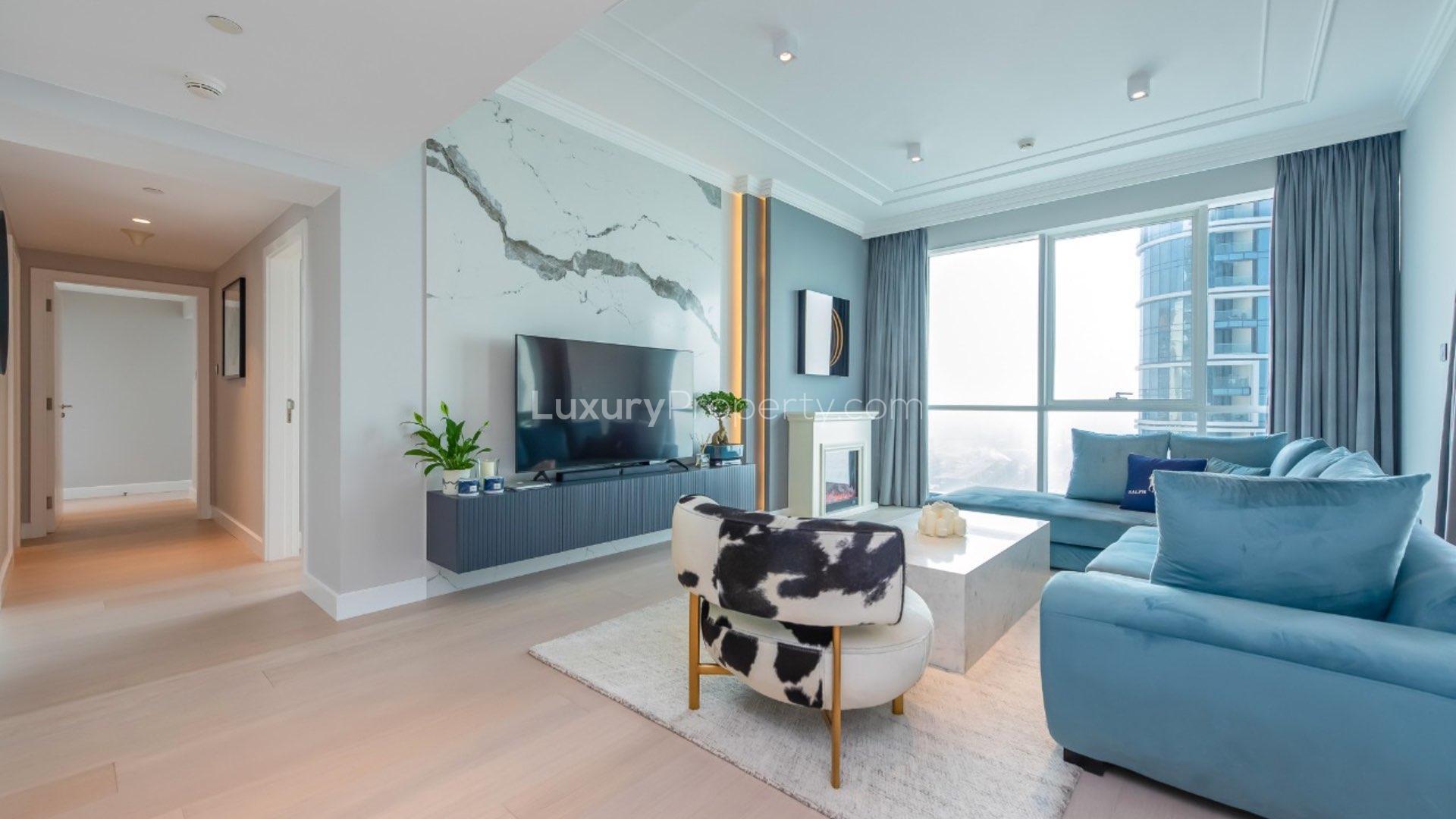 Living room in upgraded Al Bateen Residences apartment, modern decor, Jumeirah Beach Residence