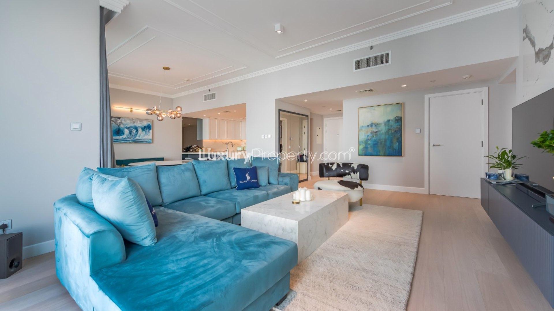 Upgraded furnished living room in Al Bateen Residences apartment, Jumeirah Beach Residence