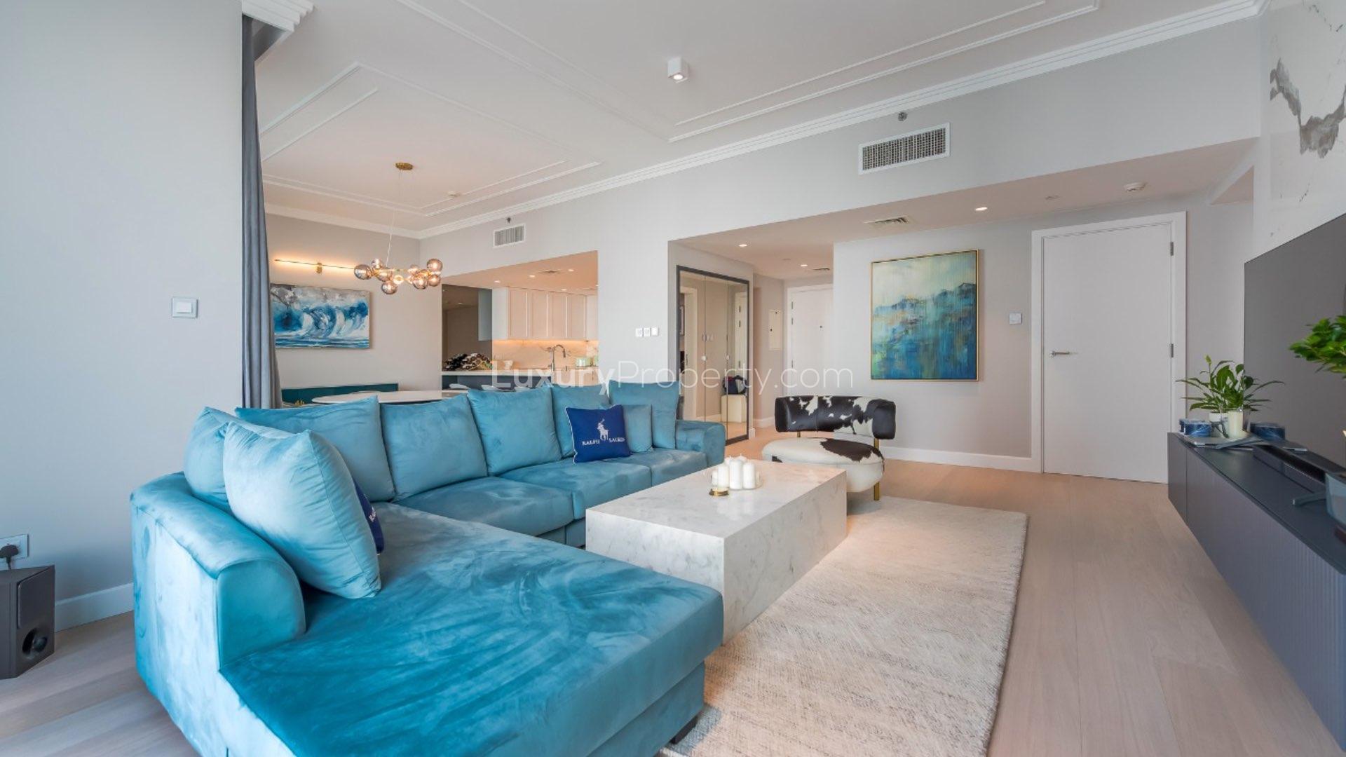 Upgraded furnished living room in Al Bateen Residences apartment, Jumeirah Beach Residence