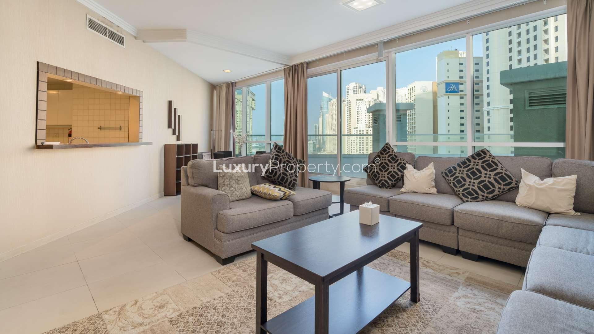 Luxurious living room in 2-bedroom Al Bateen apartment, JBR, with modern furnishings