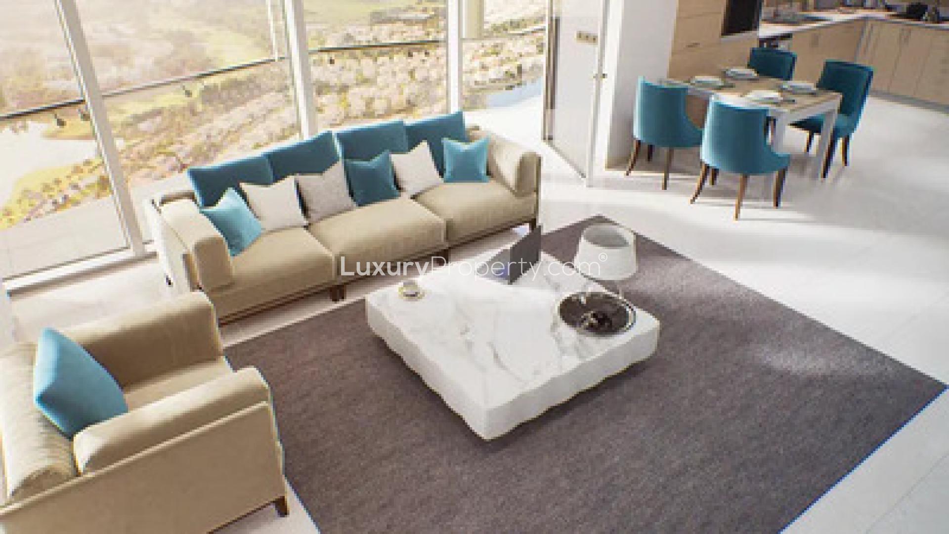 Elegant living room in two-bedroom apartment at Golf Views Seven City, JLT, Dubai