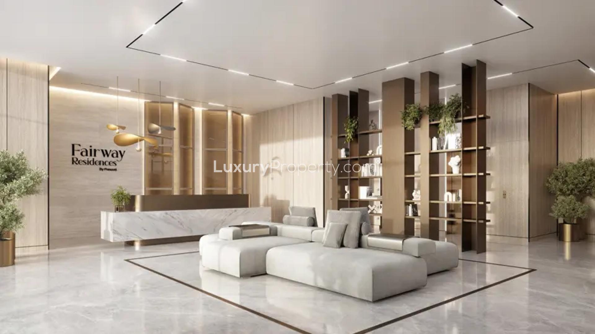 Rooftop infinity pool at Fairway Residences, Dubai Sports City, with city skyline views