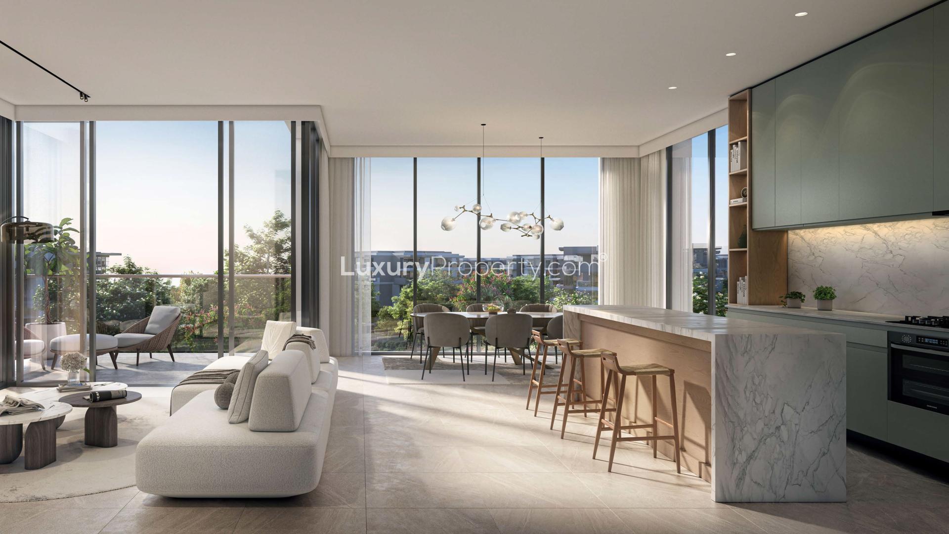 Modern living room and kitchen in 2-bedroom apartment at Ghaf Woods, Dubai Land