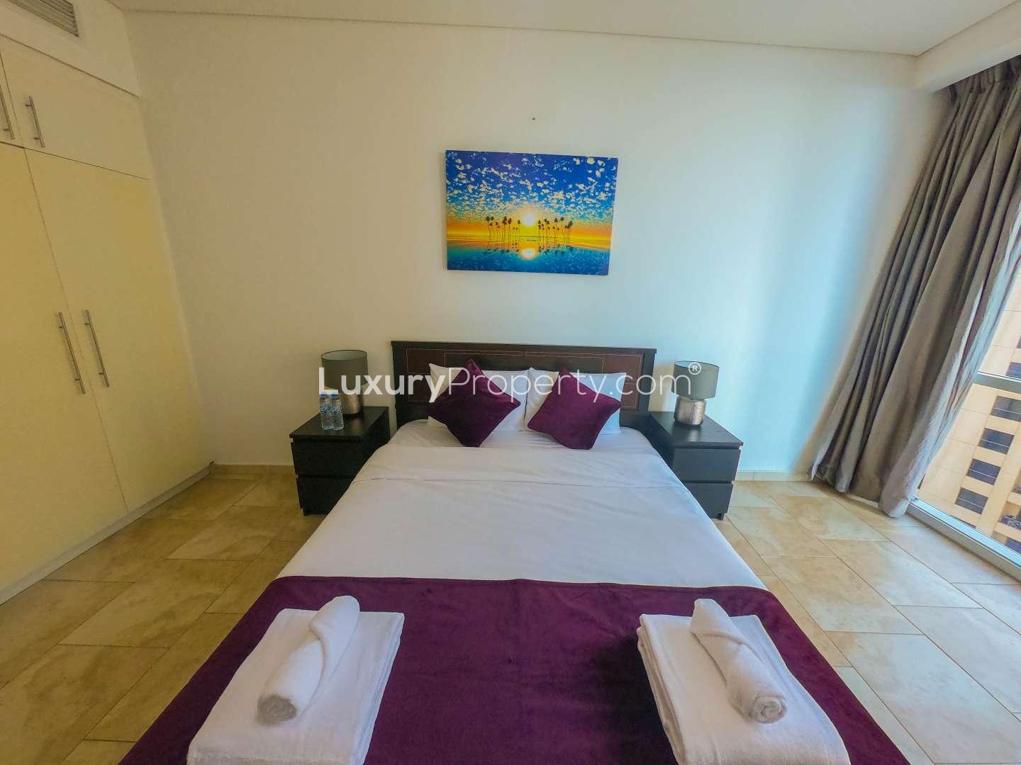 Furnished bedroom in Al Fattan Marine Tower apartment, Jumeirah Beach Residence, with modern decor