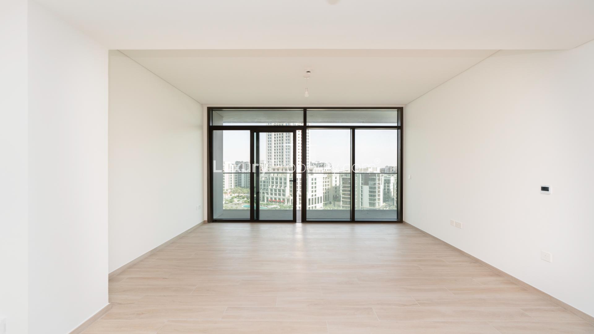 Balcony view of Creek Beach from Palace Residences apartment, Dubai Creek Harbour