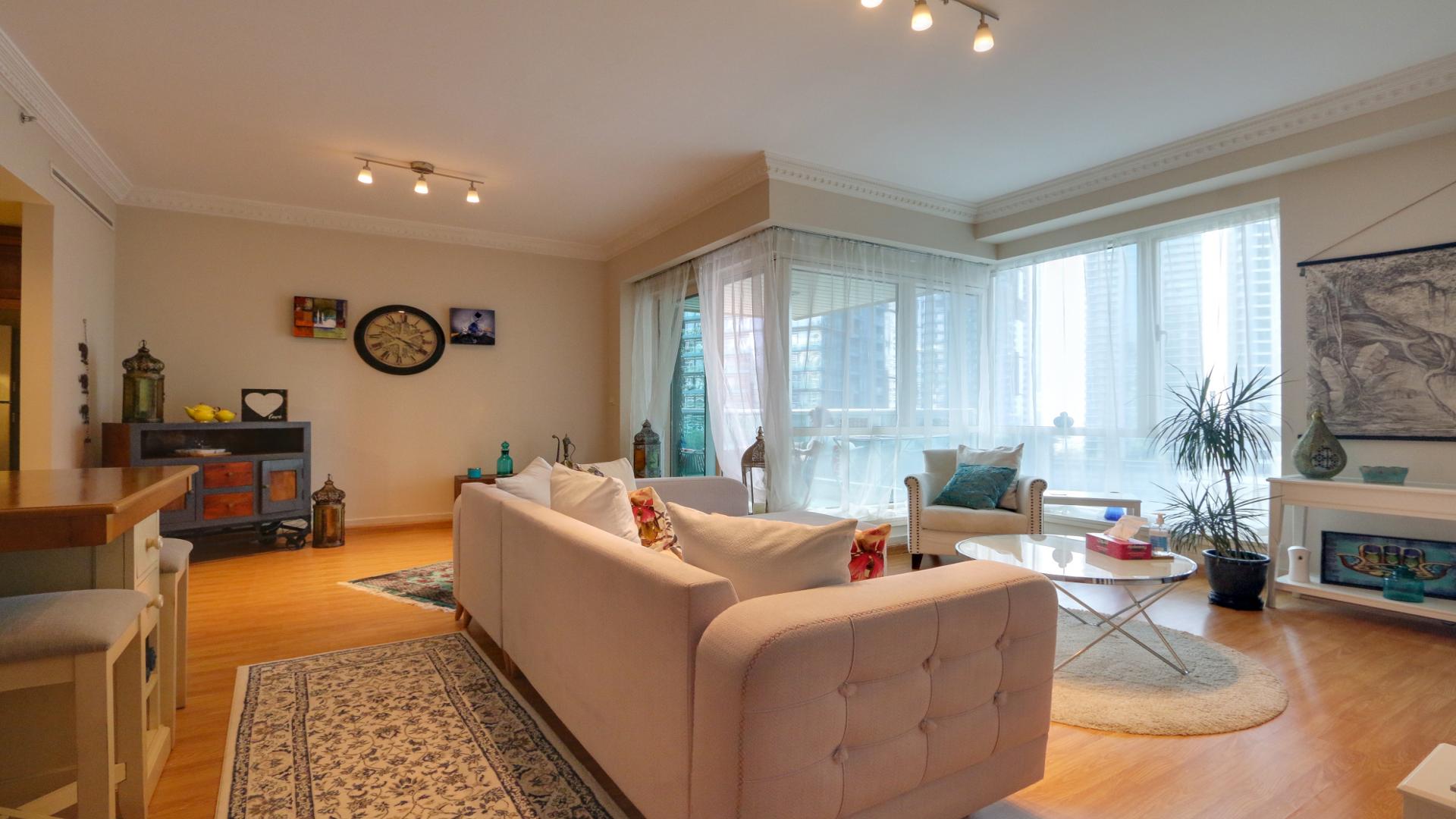 Modern living room in fully upgraded 2-bed apartment, Al Mass, Dubai Marina, for sale
