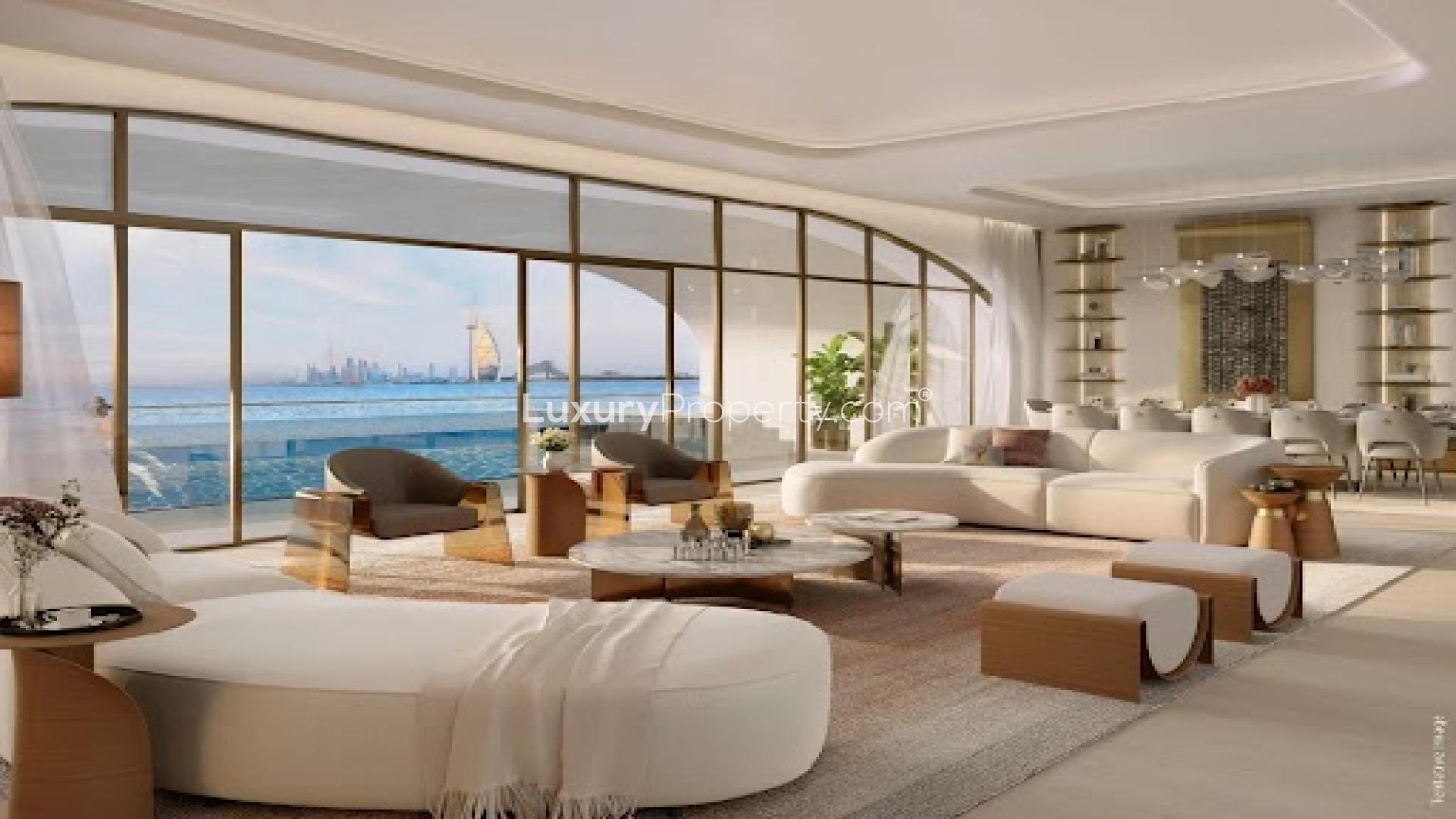 Luxurious living room in Ellington Cove apartment with sea view, Dubai Islands