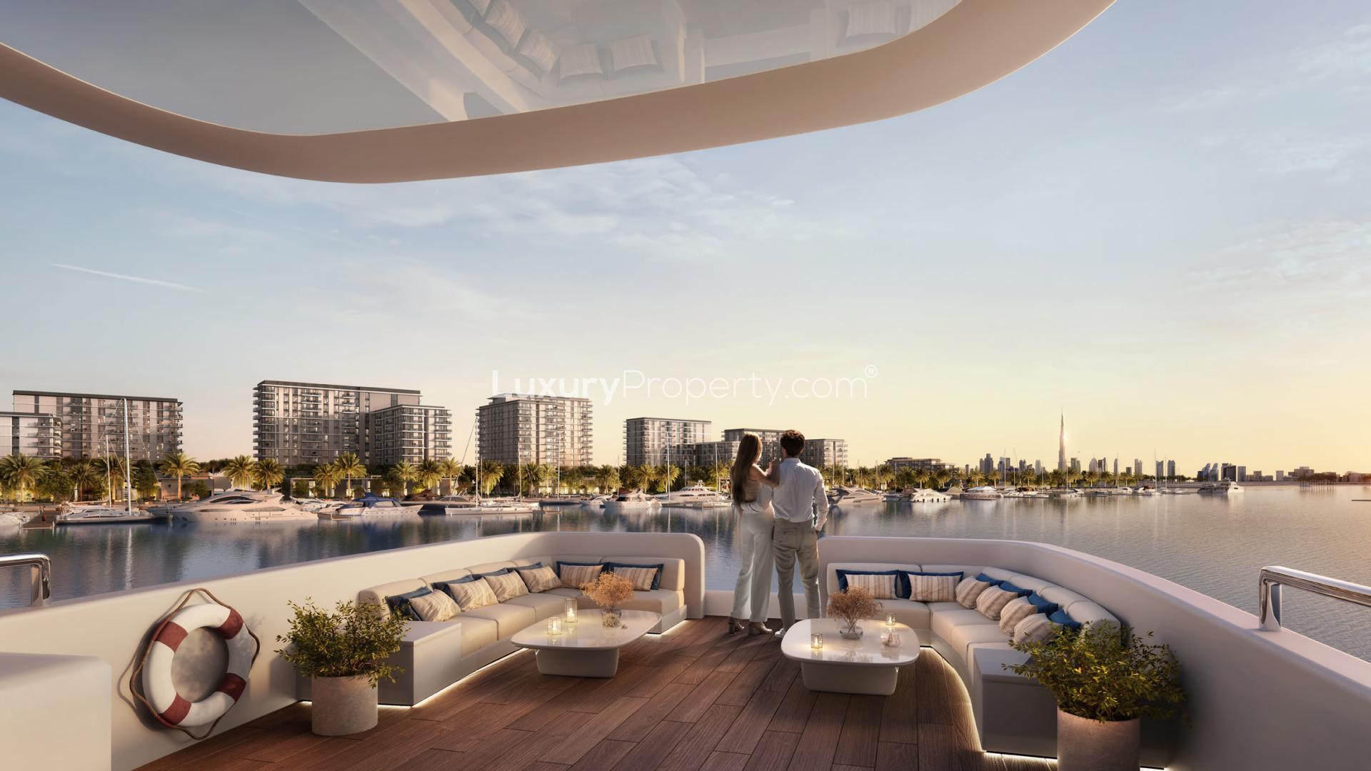 Newly launched Porto View apartment overlooking Rashid Yachts & Marina at sunset