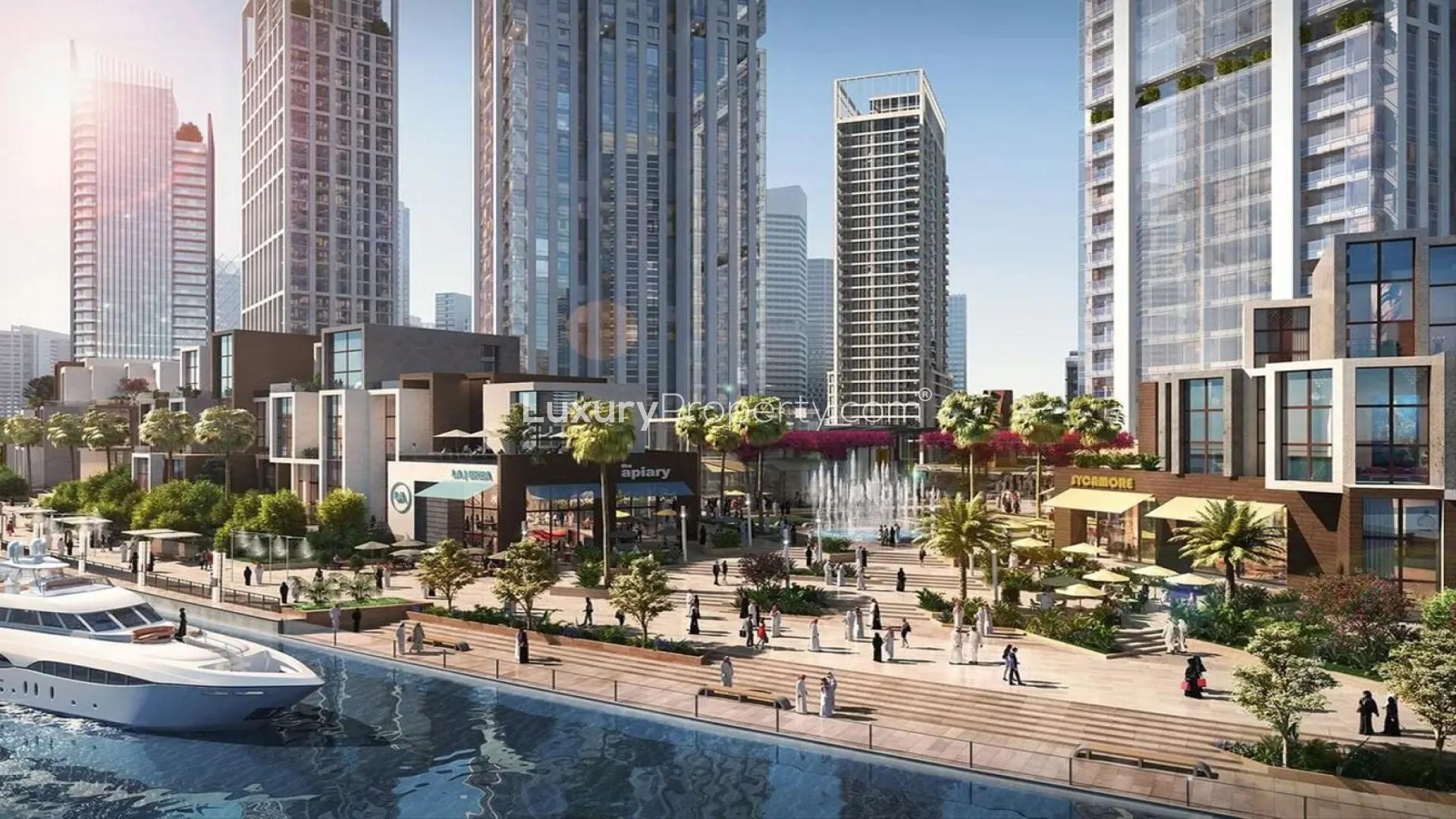 Modern lobby of Peninsula Two apartment, Business Bay, with sleek design and canal view