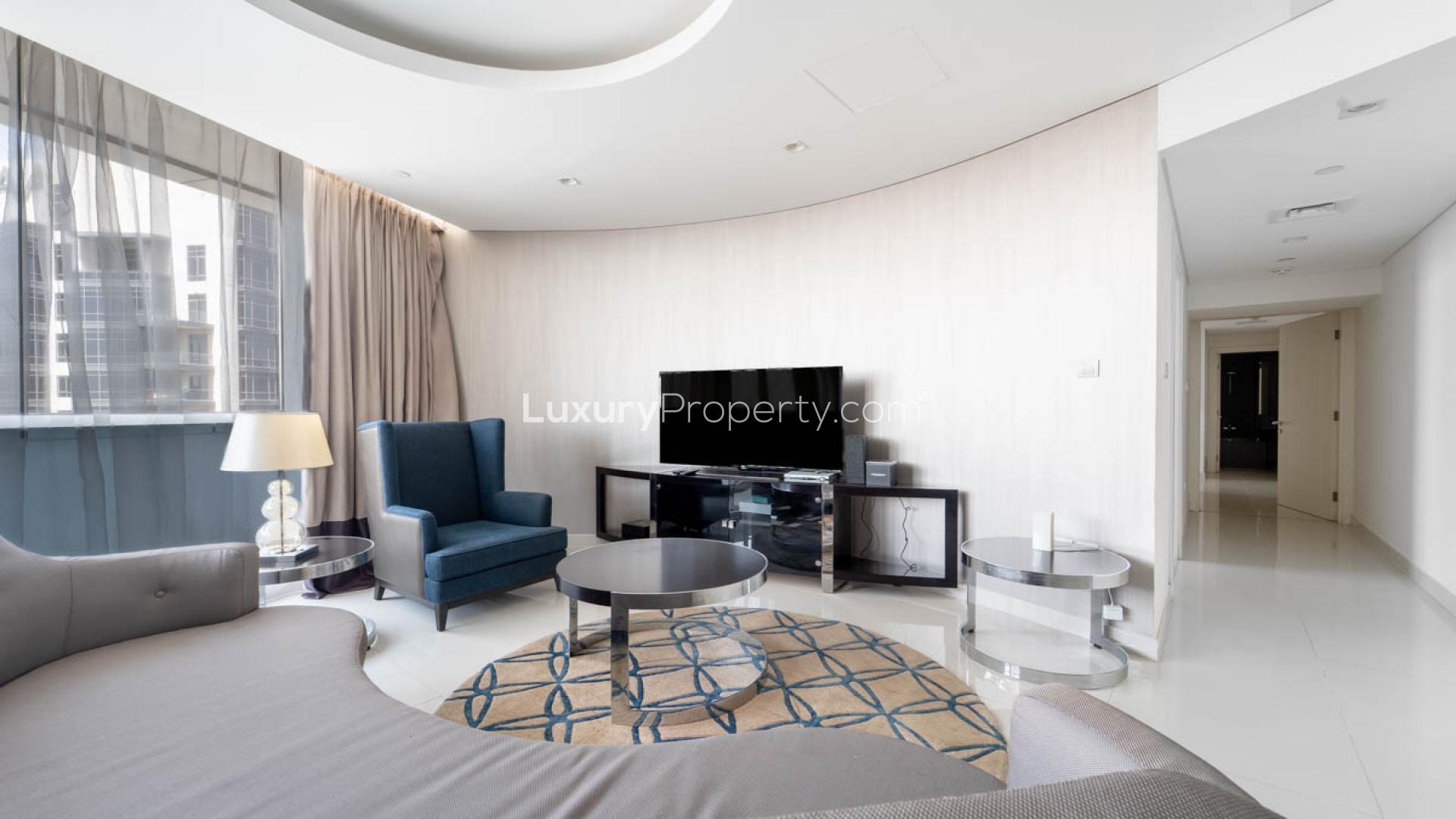 Furnished living area in 2-bedroom apartment, Damac Mansion The Distinction, Downtown Dubai