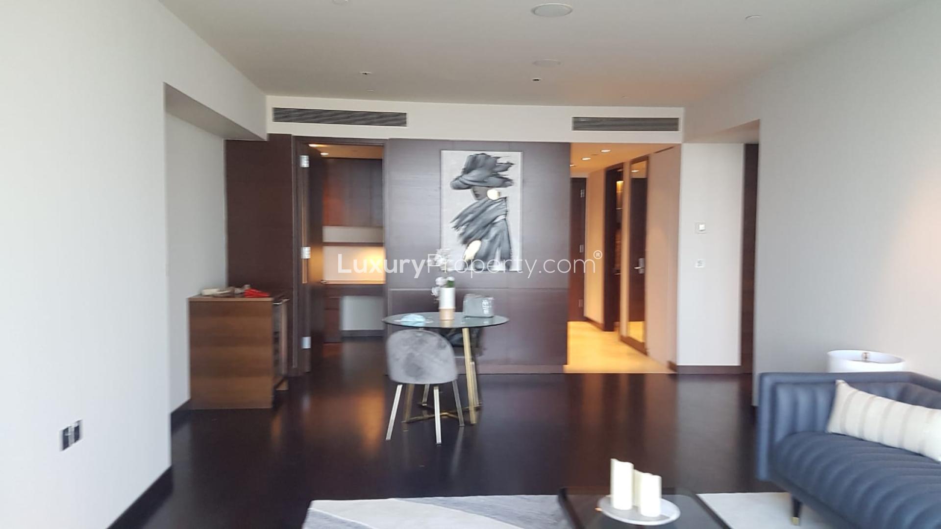Modern apartment interior with elegant console table in Burj Khalifa Area, Downtown Dubai